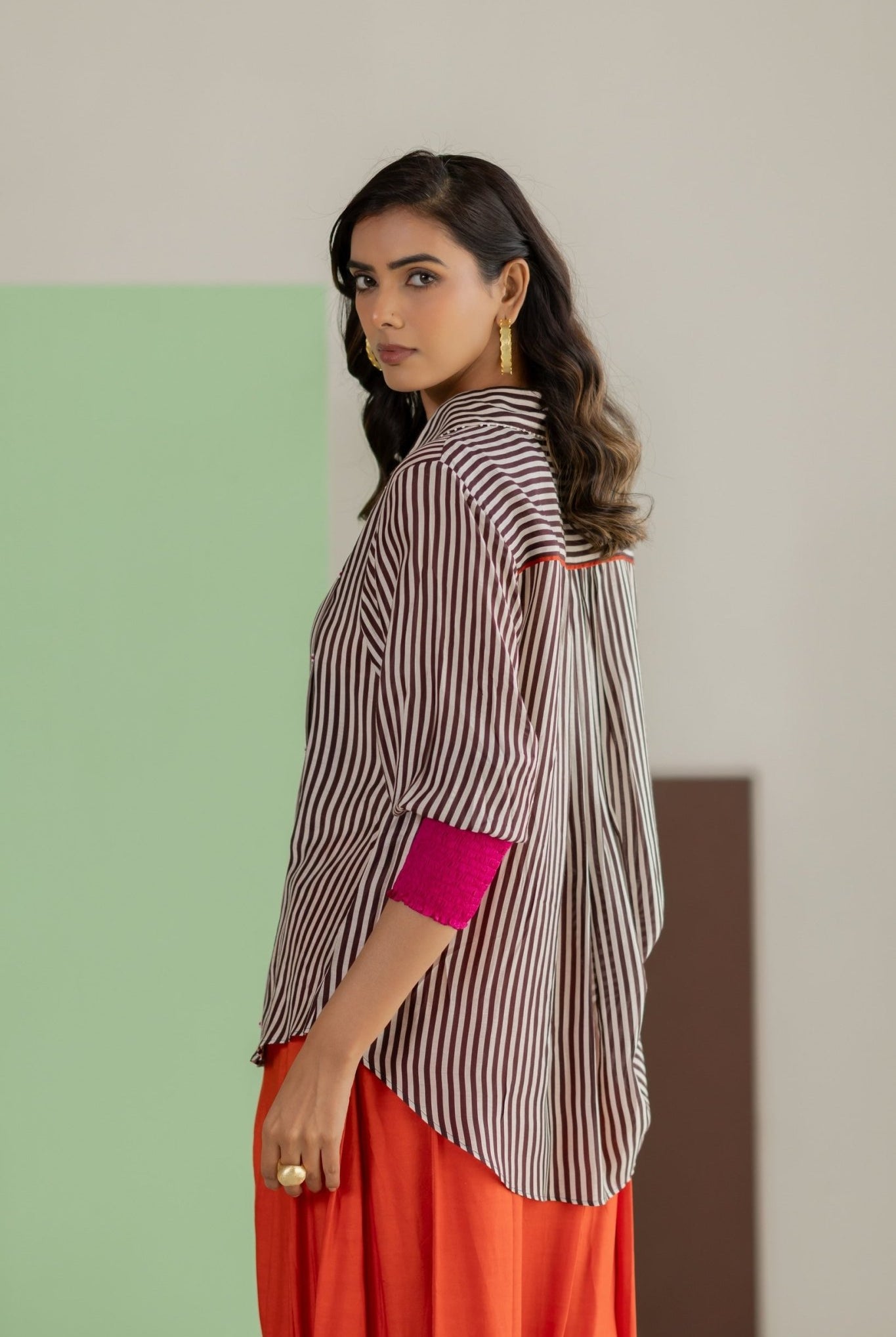 Stripe Shirt and Orange Skirt Set - CiceroniSkirt SetTussah