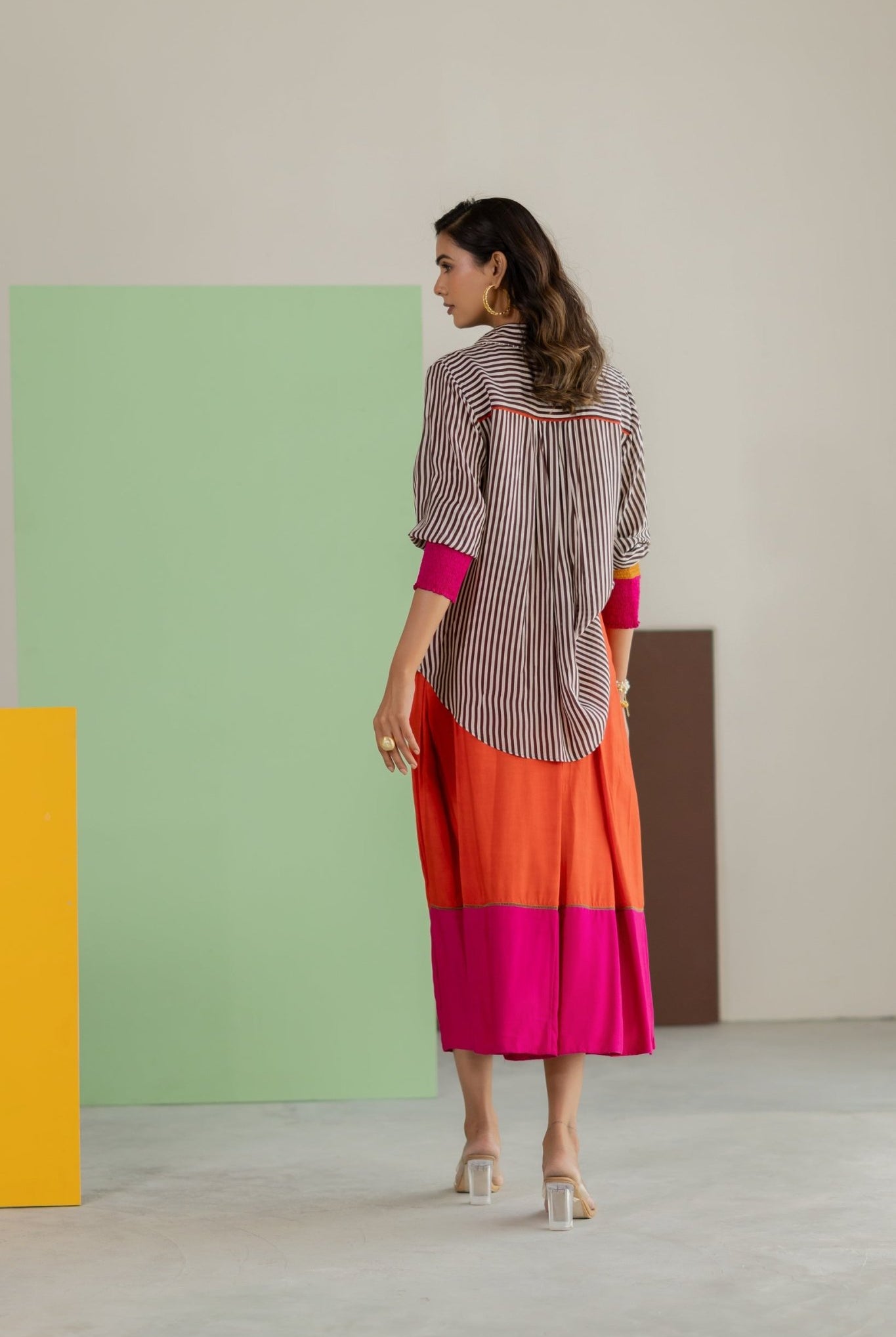 Stripe Shirt and Orange Skirt Set - CiceroniSkirt SetTussah