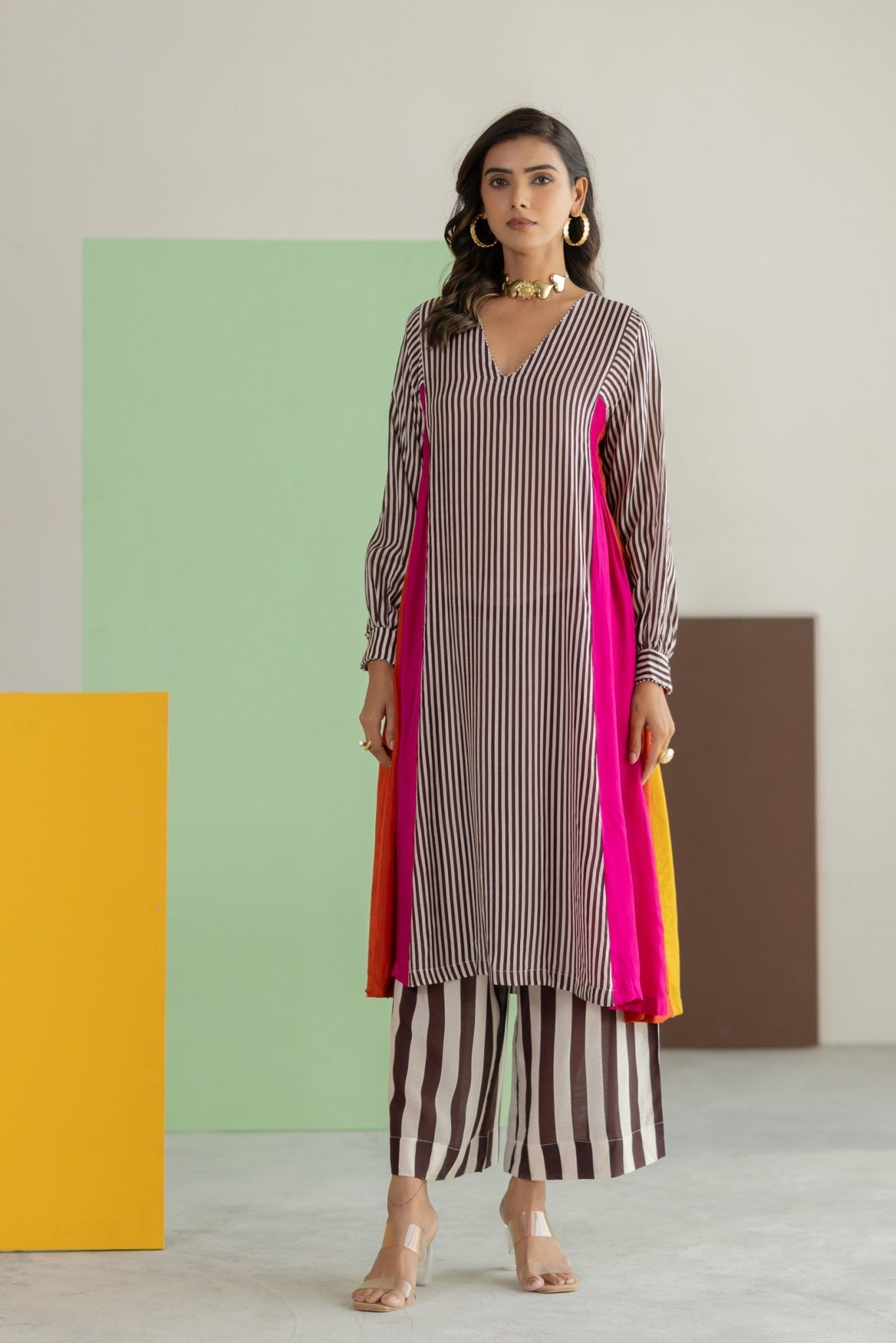 Striped Kurta Set - Hot Pink - CiceroniKurta Set, Festive WearTussah