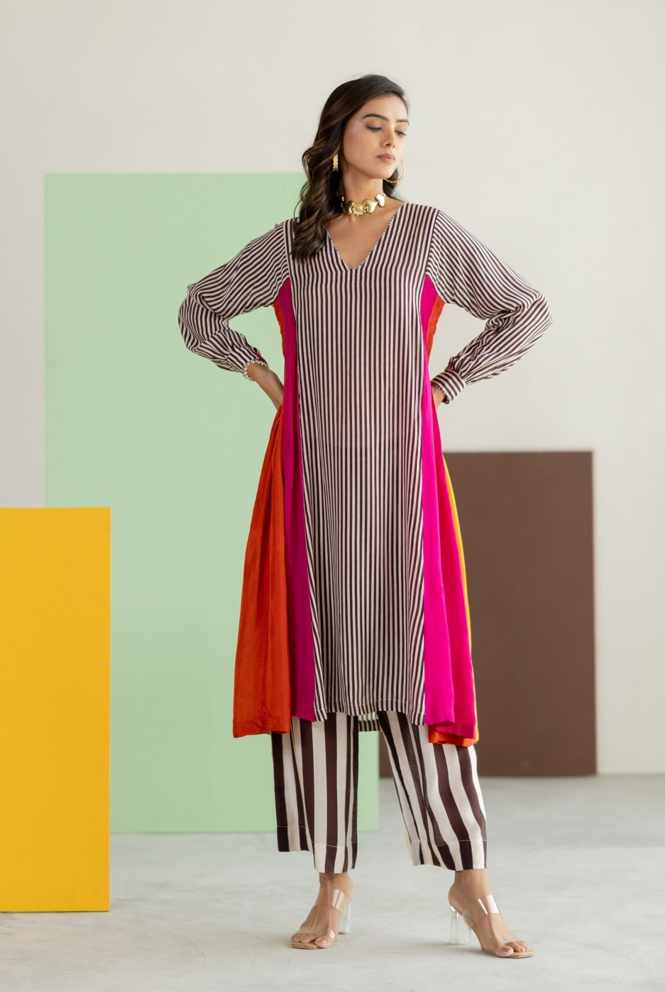 Striped Kurta Set - Hot Pink - CiceroniKurta Set, Festive WearTussah