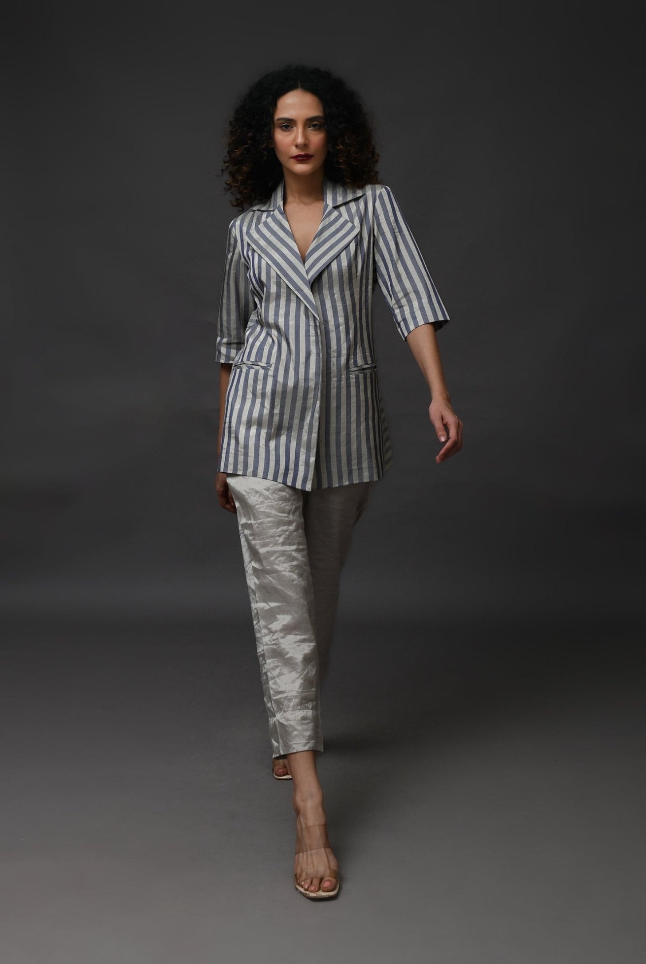 Striped Tissue Blazer Co - Ord (Set of 2) - Silver and Blue - CiceroniCo - ord SetHiranya