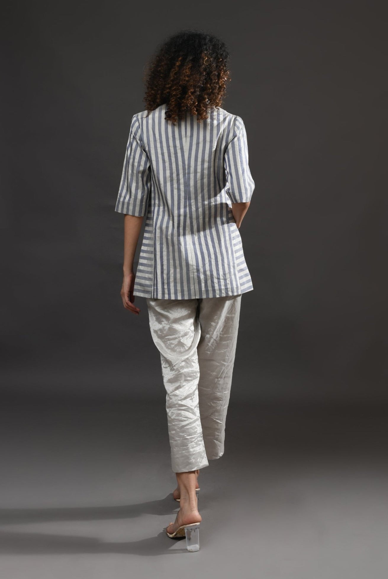 Striped Tissue Blazer Co - Ord (Set of 2) - Silver and Blue - CiceroniCo - ord SetHiranya