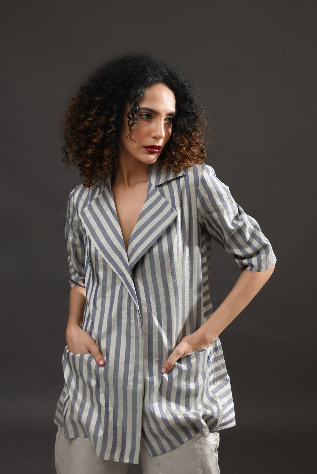 Striped Tissue Blazer Co - Ord (Set of 2) - Silver and Blue - CiceroniCo - ord SetHiranya