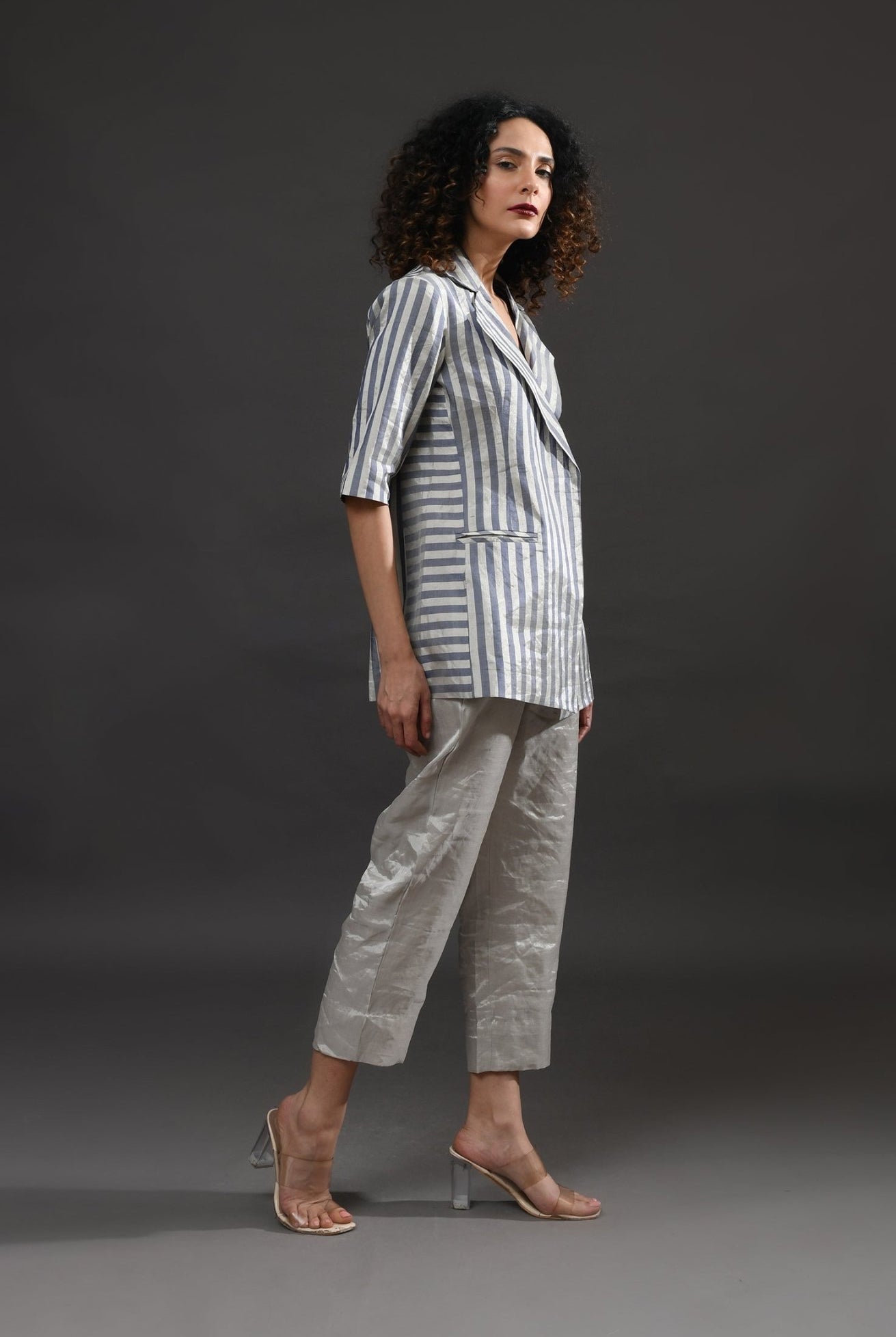 Striped Tissue Blazer Co - Ord (Set of 2) - Silver and Blue - CiceroniCo - ord SetHiranya