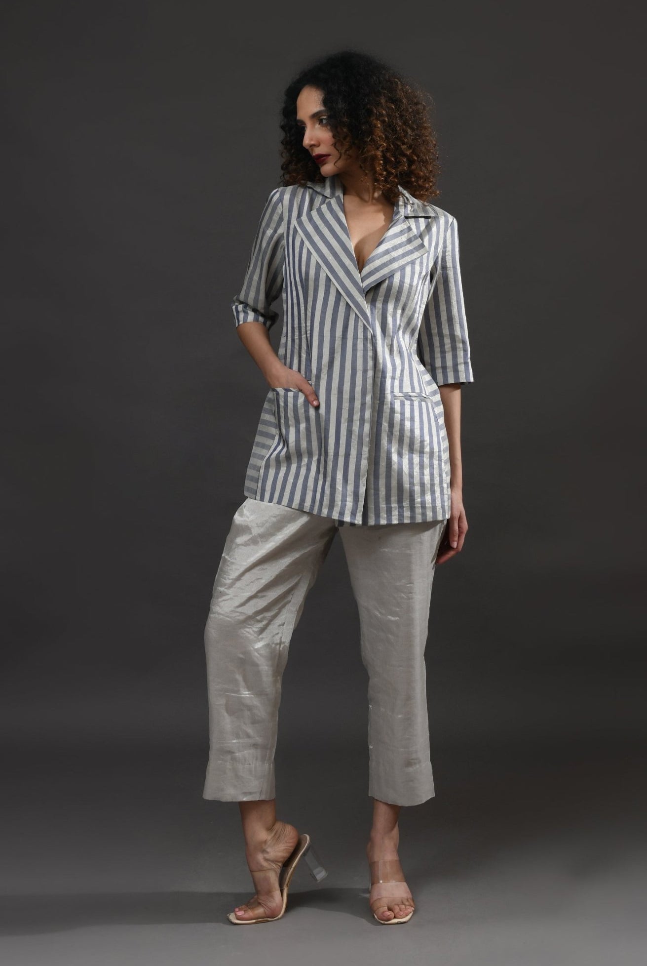 Striped Tissue Blazer Co - Ord (Set of 2) - Silver and Blue - CiceroniCo - ord SetHiranya