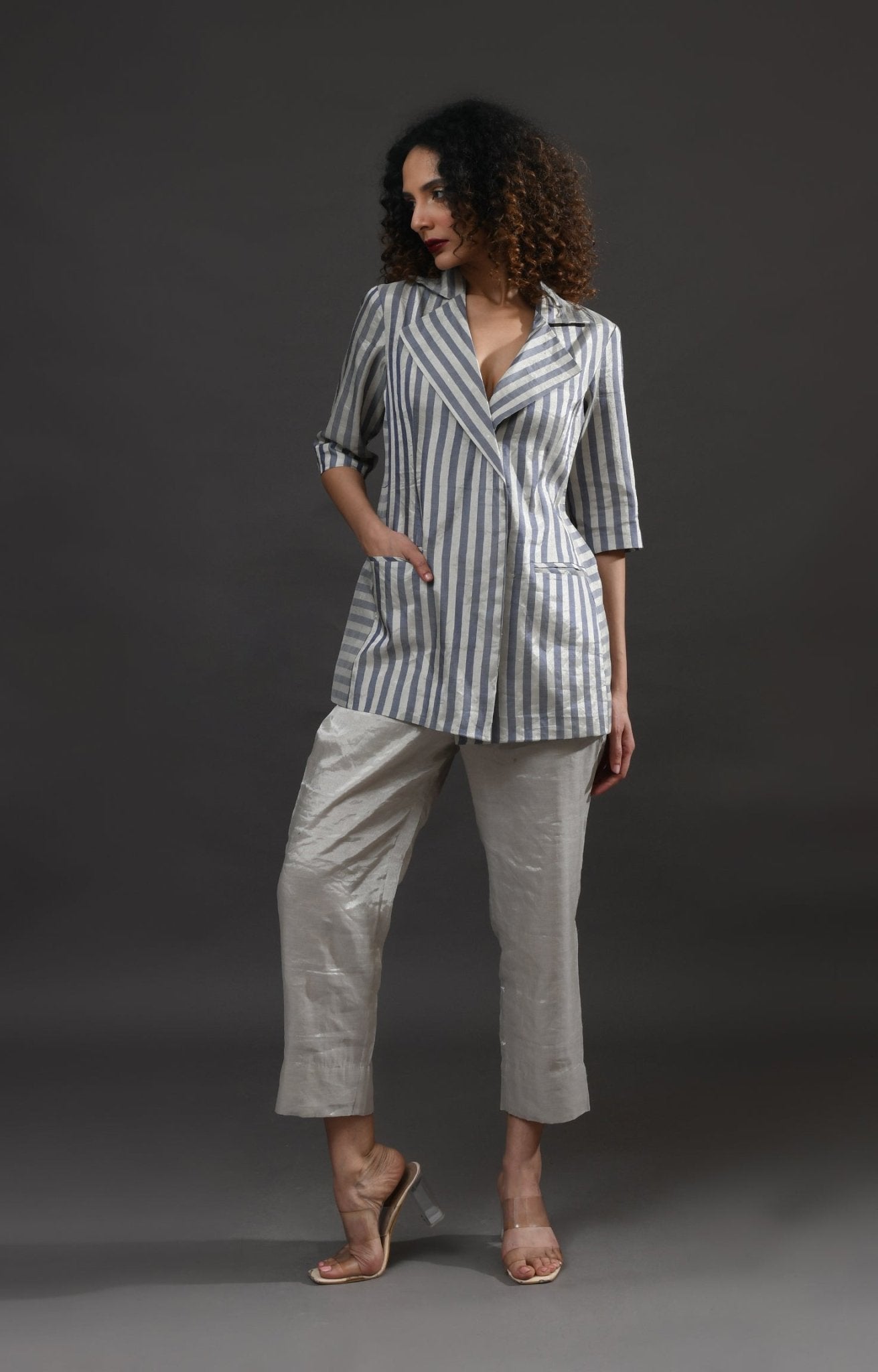 Striped Tissue Blazer Co - Ord (Set of 2) - Silver and Blue - CiceroniCo - ord SetHiranya