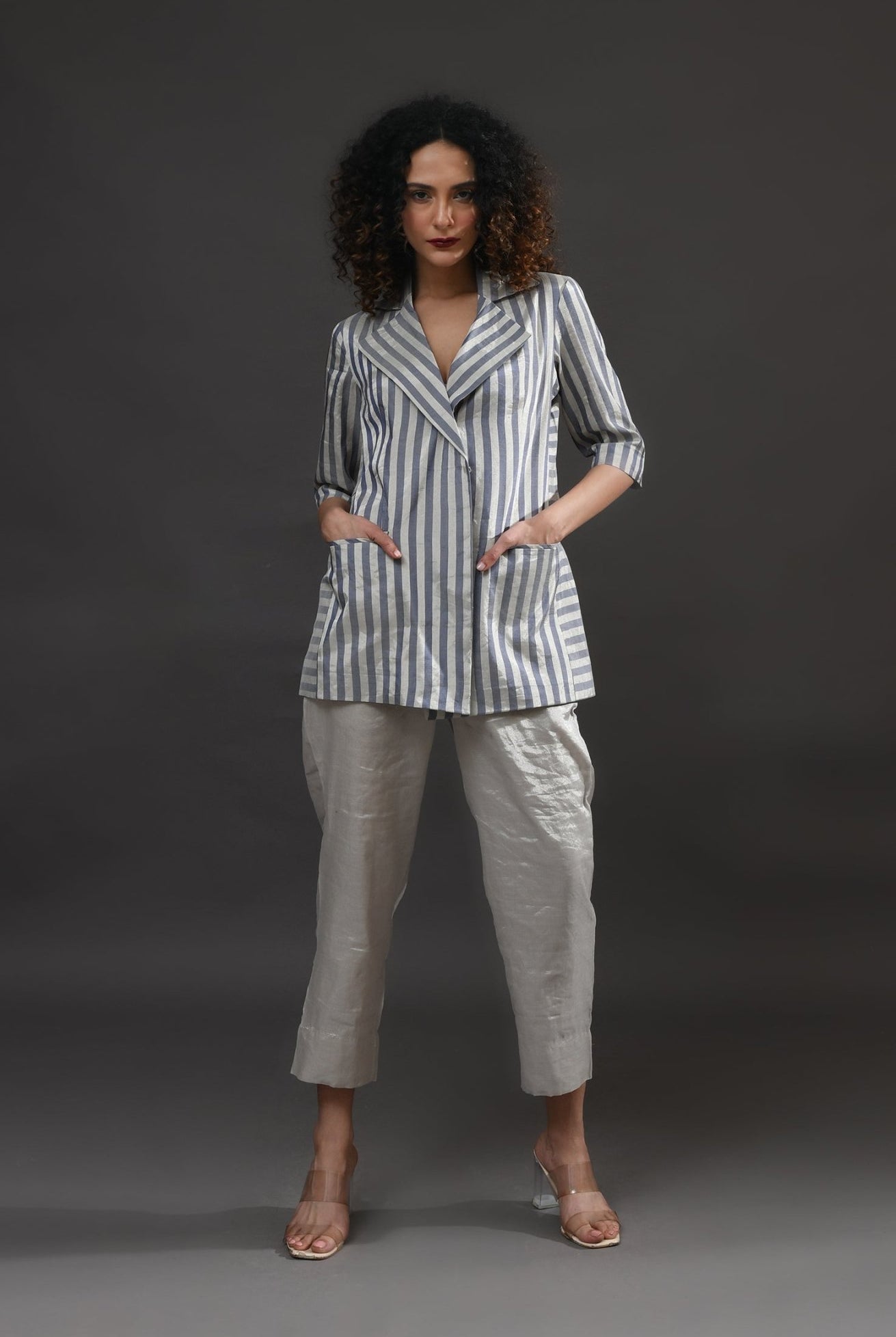 Striped Tissue Blazer Co - Ord (Set of 2) - Silver and Blue - CiceroniCo - ord SetHiranya