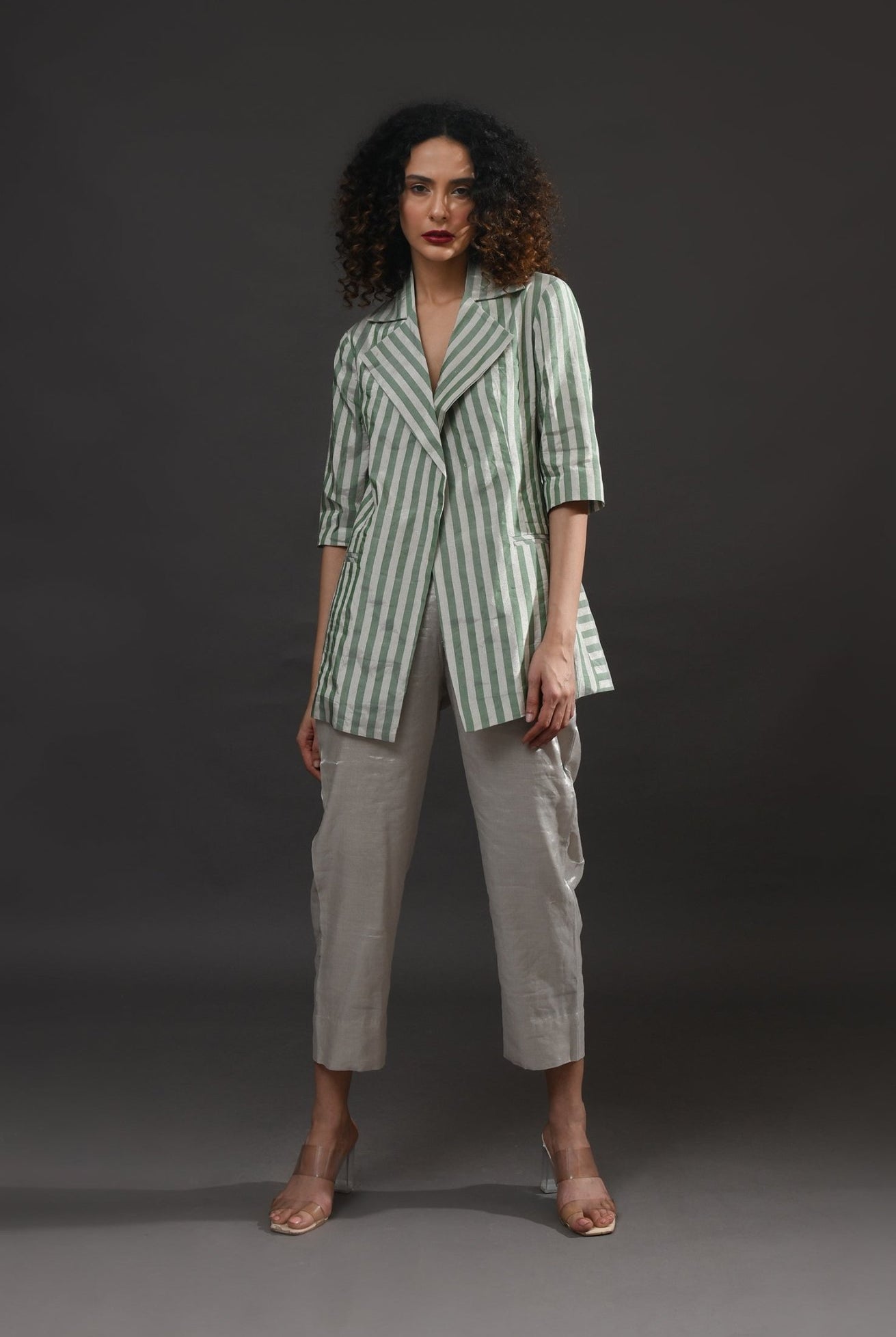Striped Tissue Blazer Co - Ord (Set of 2) - Silver and Green - CiceroniCo - ord SetHiranya