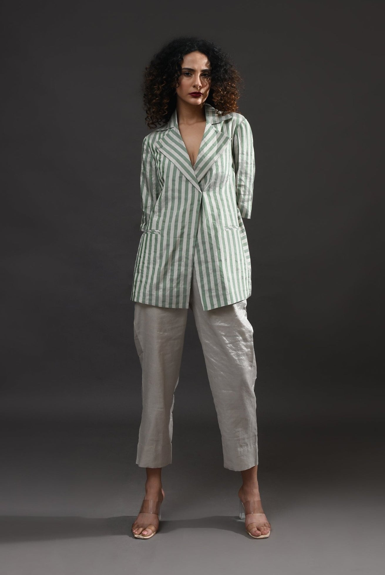 Striped Tissue Blazer Co - Ord (Set of 2) - Silver and Green - CiceroniCo - ord SetHiranya