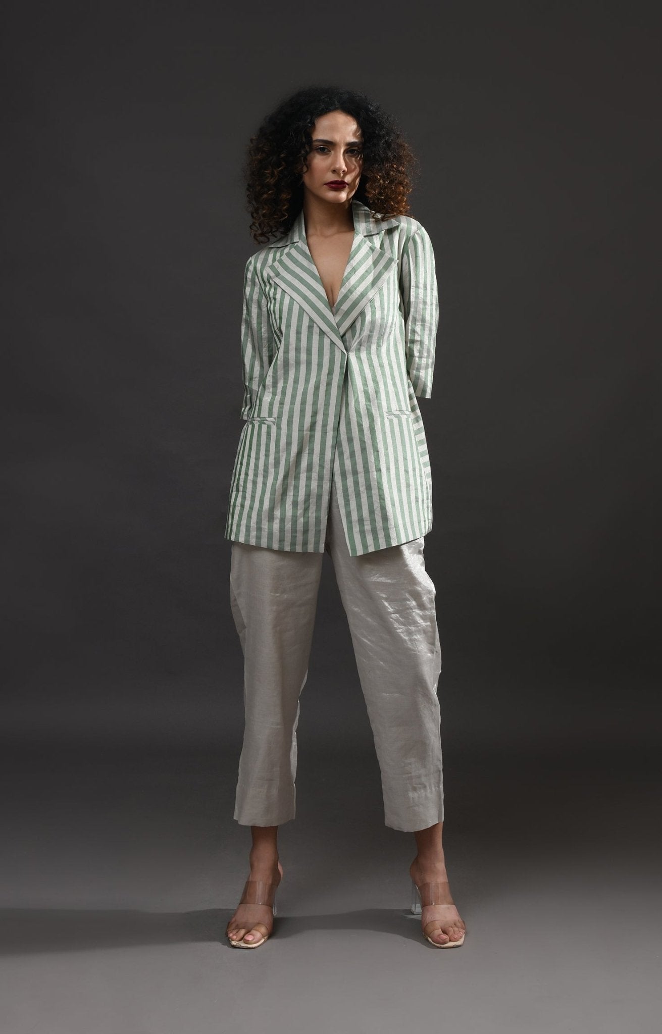 Striped Tissue Blazer Co - Ord (Set of 2) - Silver and Green - CiceroniCo - ord SetHiranya