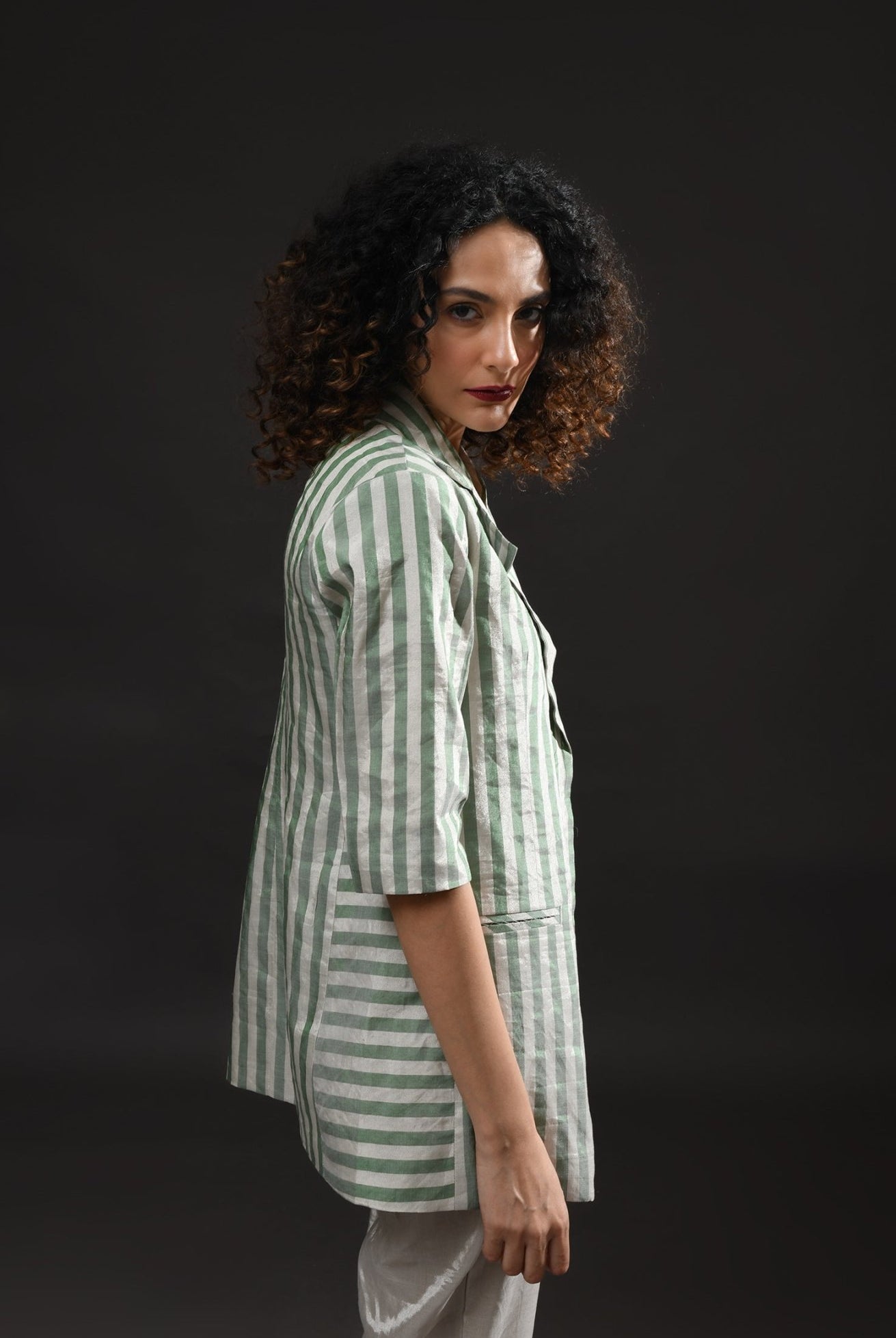 Striped Tissue Blazer Co - Ord (Set of 2) - Silver and Green - CiceroniCo - ord SetHiranya