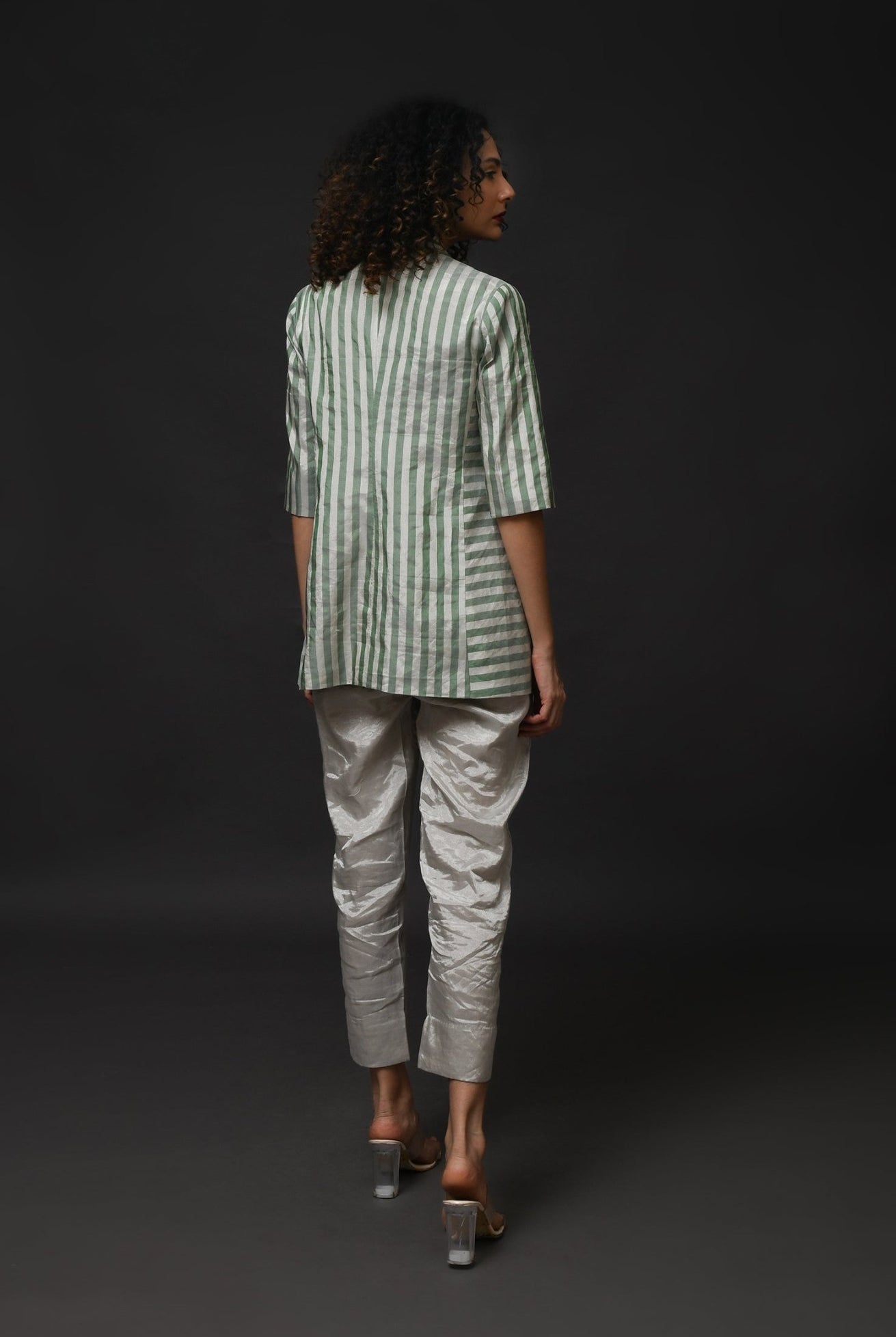 Striped Tissue Blazer Co - Ord (Set of 2) - Silver and Green - CiceroniCo - ord SetHiranya