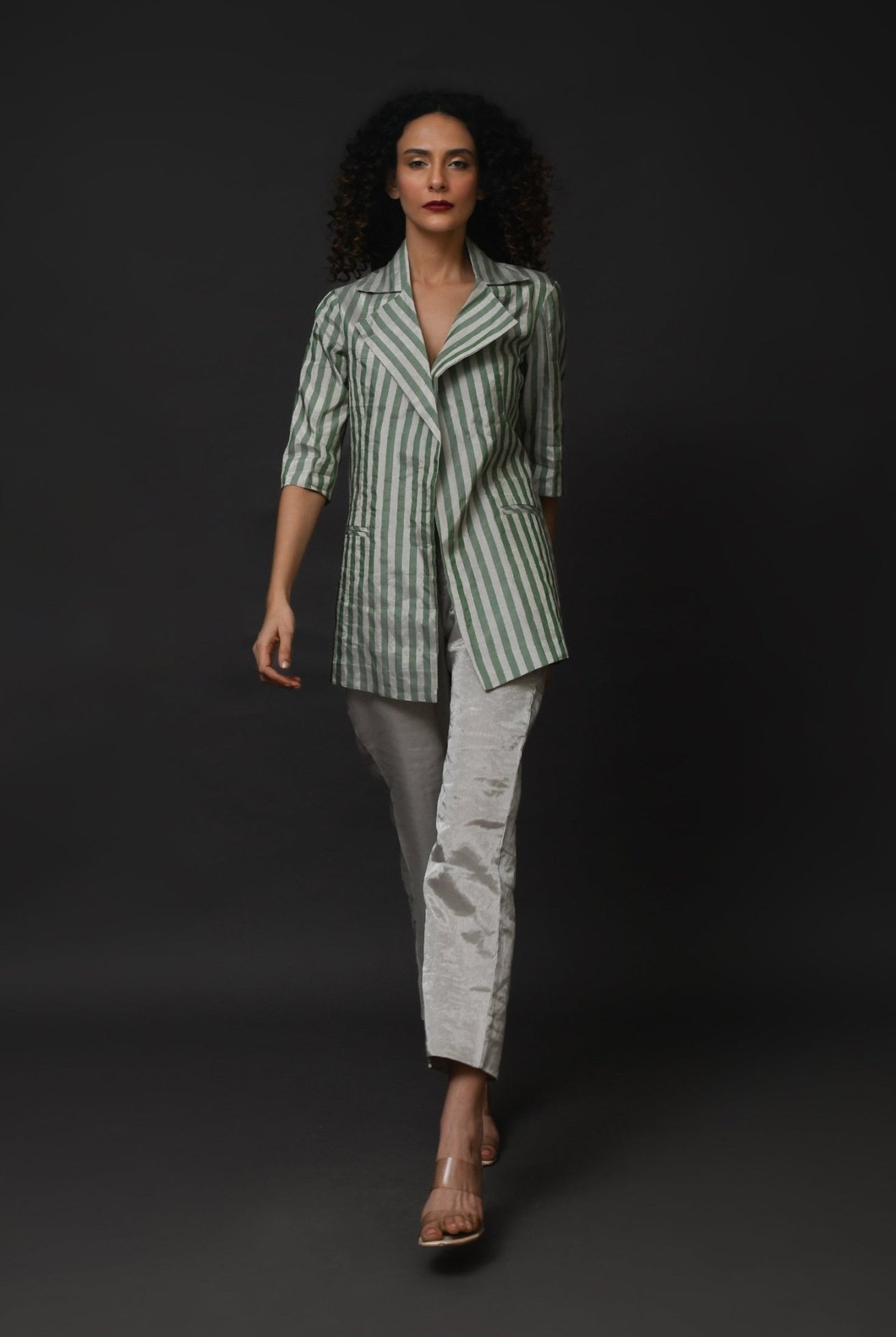 Striped Tissue Blazer Co - Ord (Set of 2) - Silver and Green - CiceroniCo - ord SetHiranya