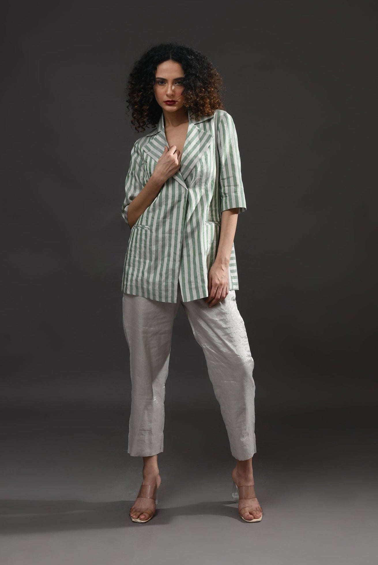 Striped Tissue Blazer Co - Ord (Set of 2) - Silver and Green - CiceroniCo - ord SetHiranya