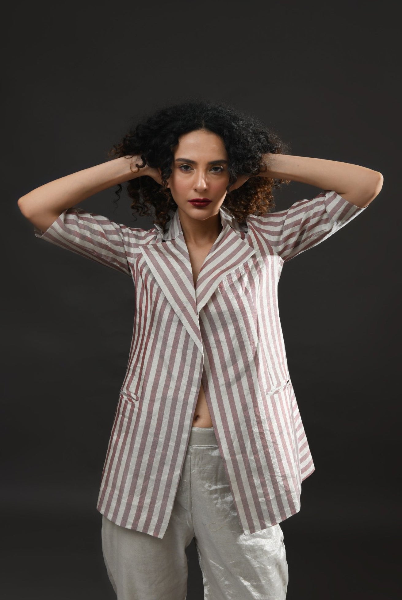 Striped Tissue Blazer Co - Ord (Set of 2 ) - Silver and Pink - CiceroniCo - ord SetHiranya