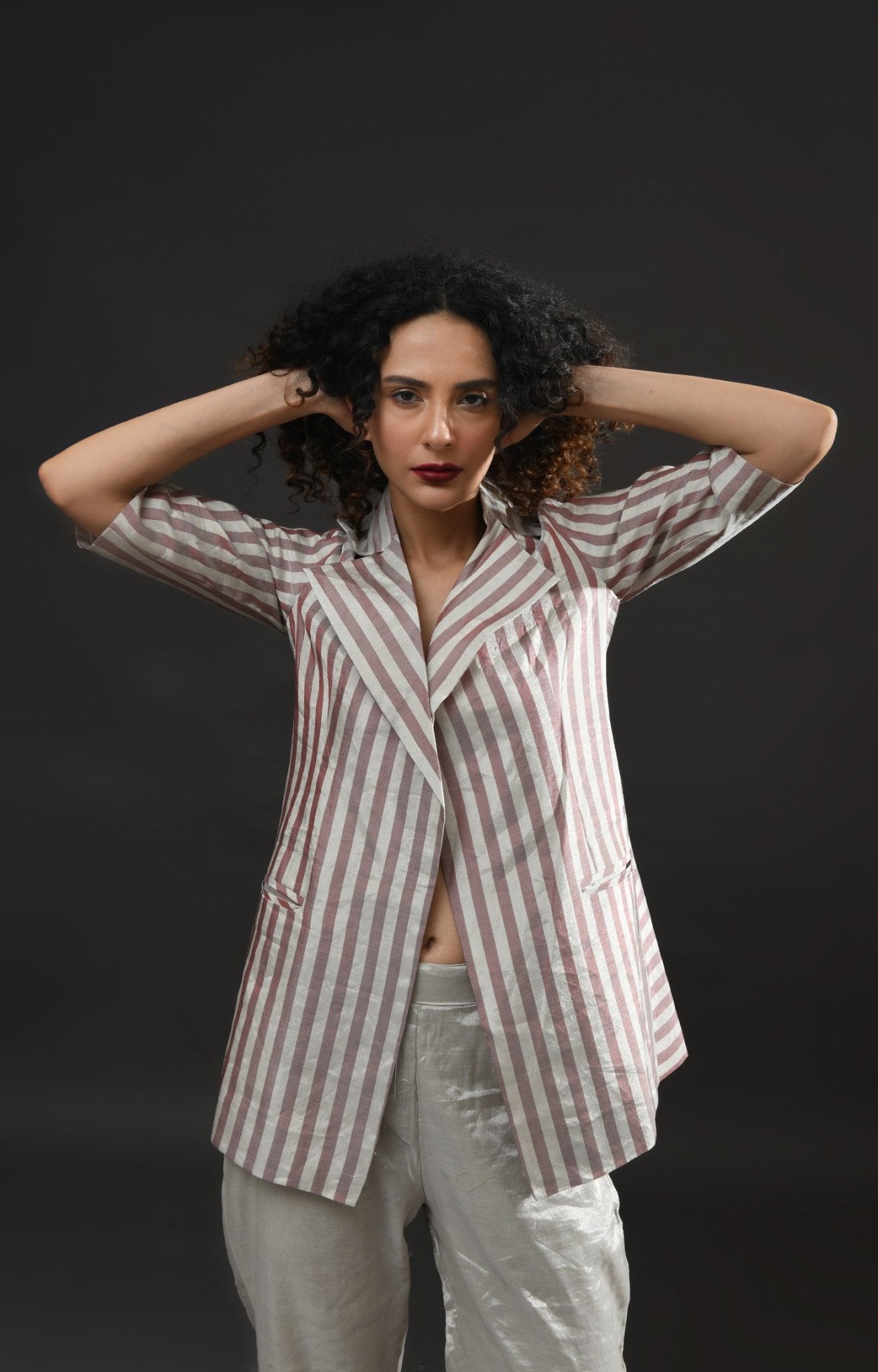 Striped Tissue Blazer Co - Ord (Set of 2 ) - Silver and Pink - CiceroniCo - ord SetHiranya