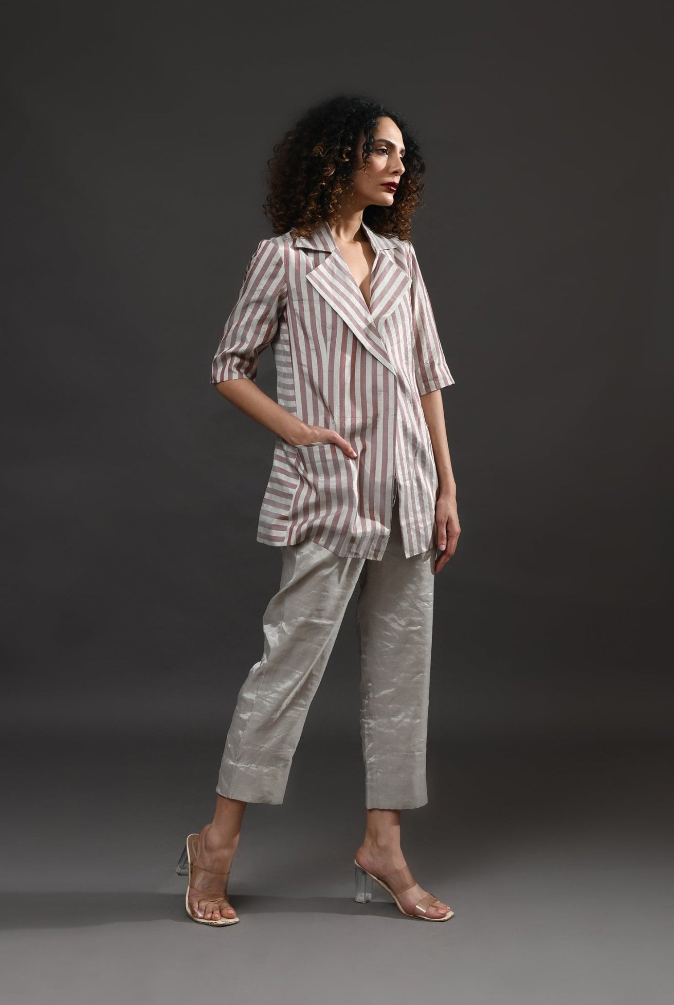 Striped Tissue Blazer Co - Ord (Set of 2 ) - Silver and Pink - CiceroniCo - ord SetHiranya