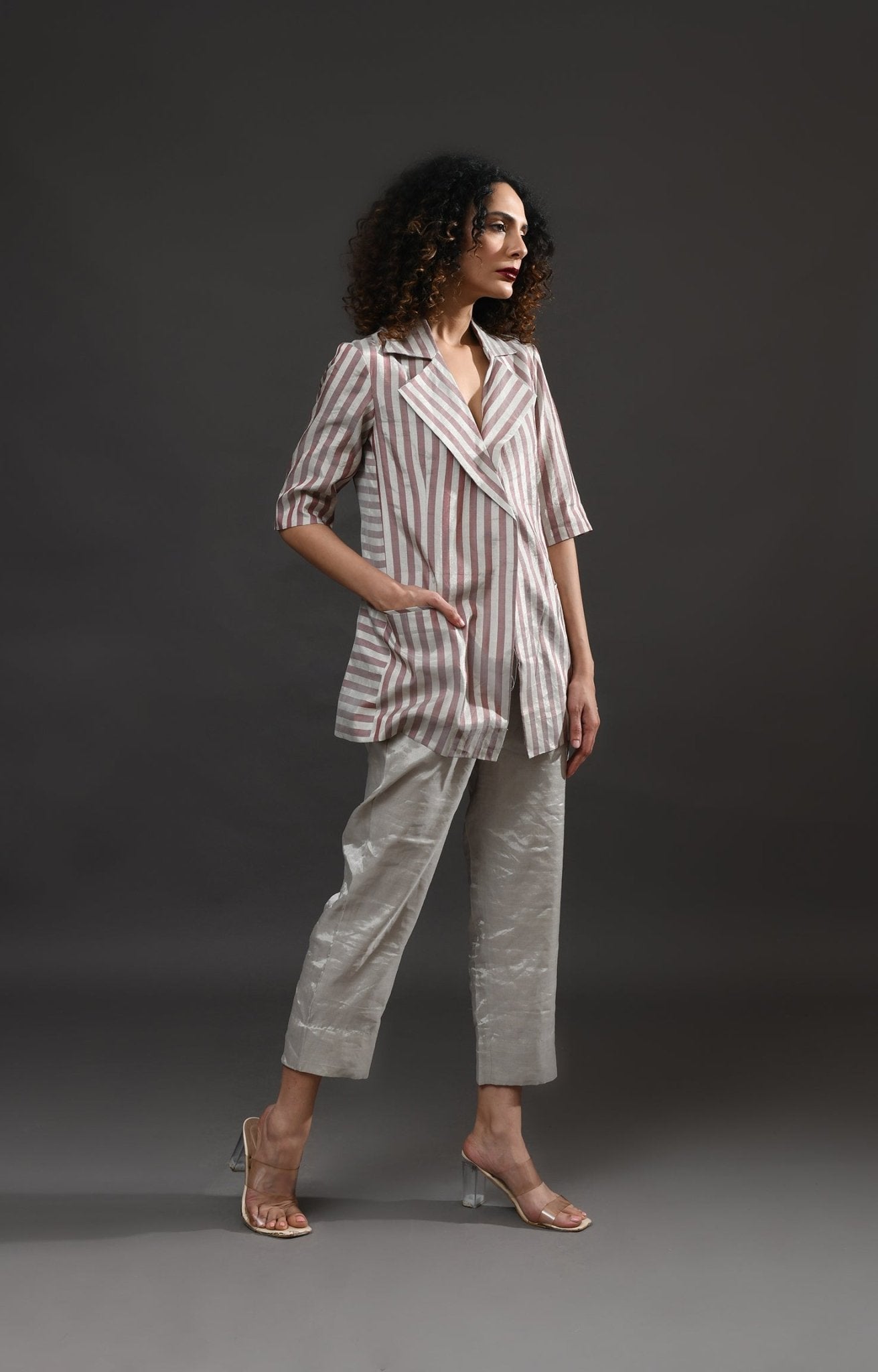 Striped Tissue Blazer Co - Ord (Set of 2 ) - Silver and Pink - CiceroniCo - ord SetHiranya