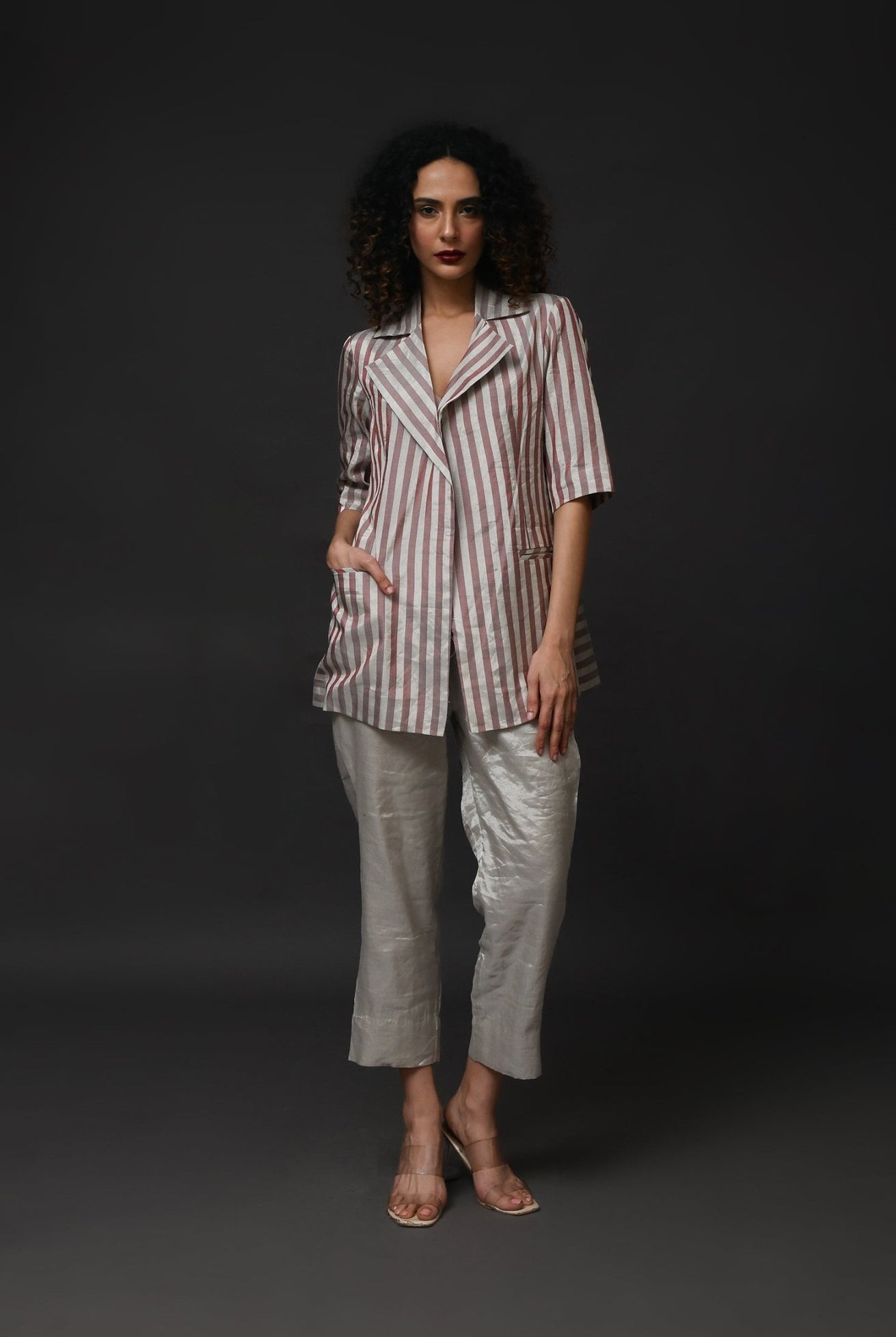 Striped Tissue Blazer Co - Ord (Set of 2 ) - Silver and Pink - CiceroniCo - ord SetHiranya