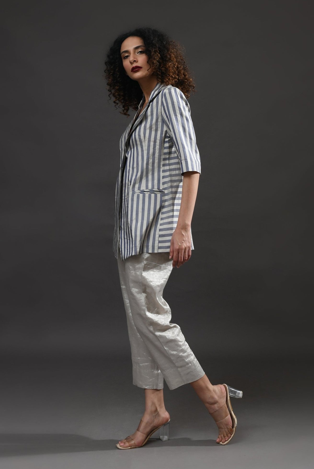 Striped Tissue Blazer - Silver and Blue - CiceroniBlazersHiranya