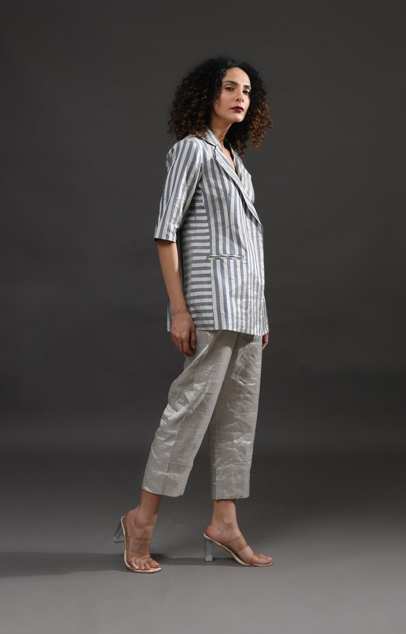 Striped Tissue Blazer - Silver and Blue - CiceroniBlazersHiranya