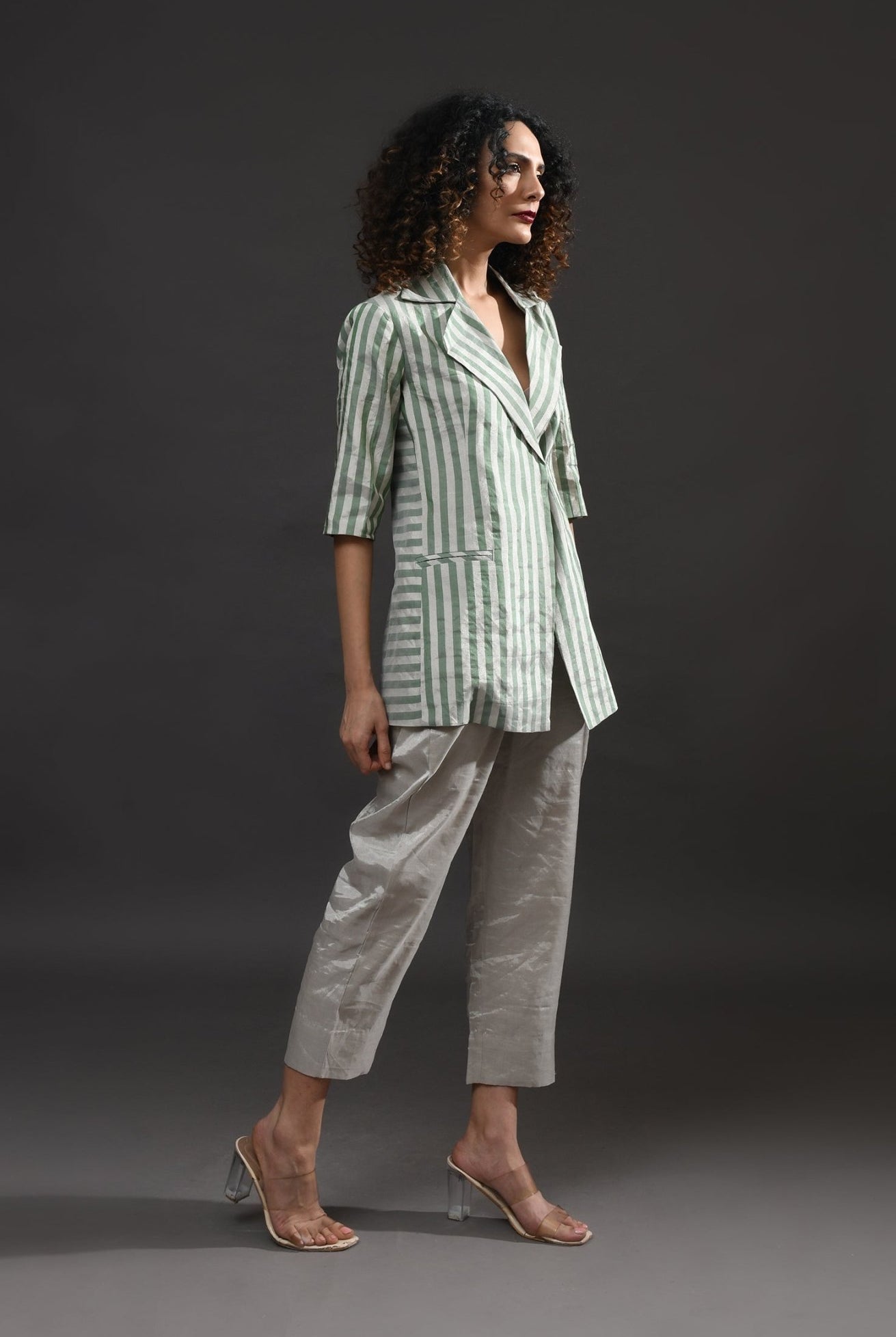 Striped Tissue Blazer - Silver and Green - CiceroniBlazersHiranya