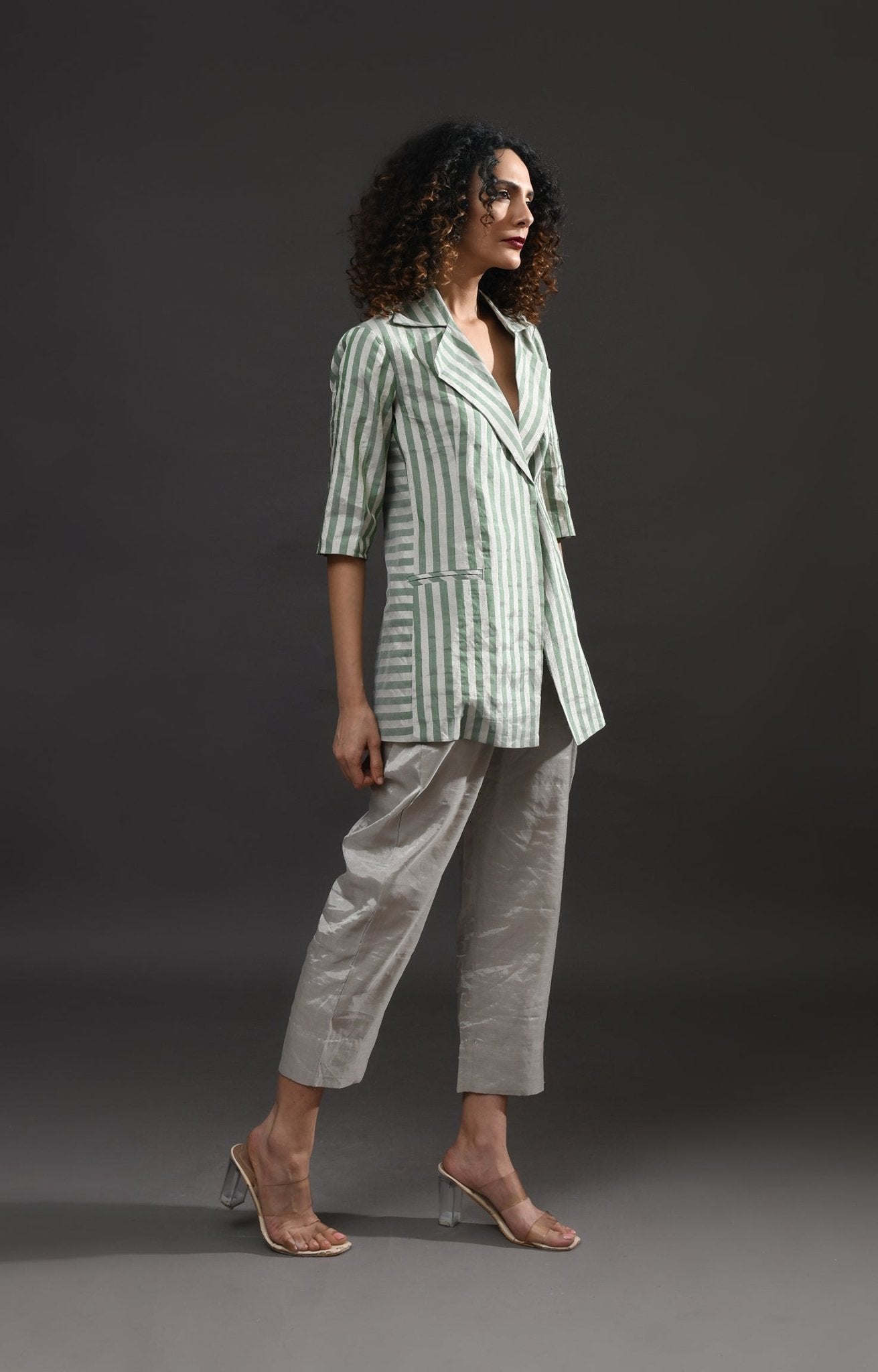 Striped Tissue Blazer - Silver and Green - CiceroniBlazersHiranya