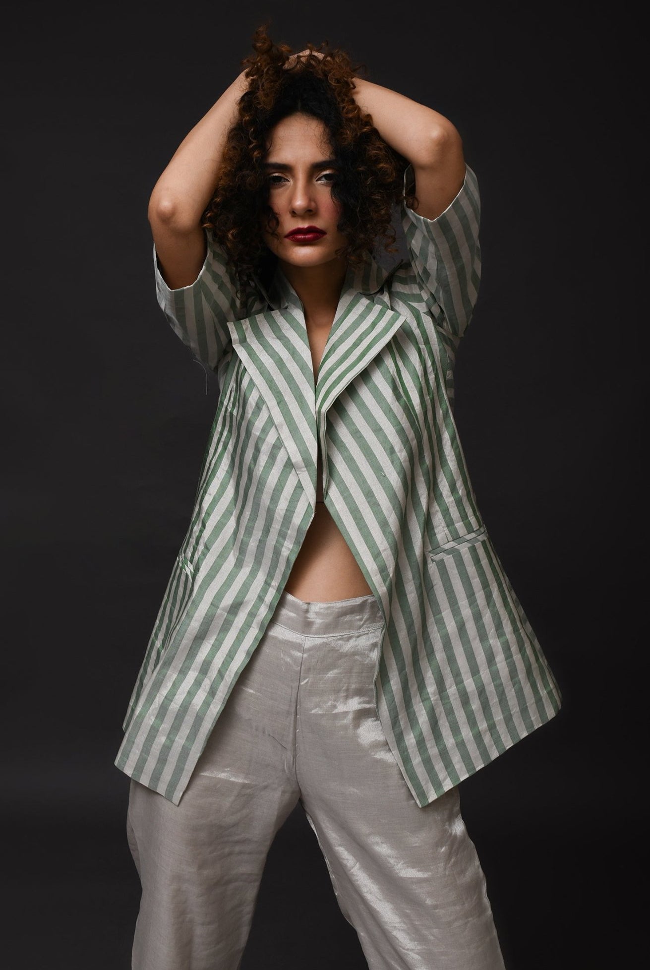 Striped Tissue Blazer - Silver and Green - CiceroniBlazersHiranya