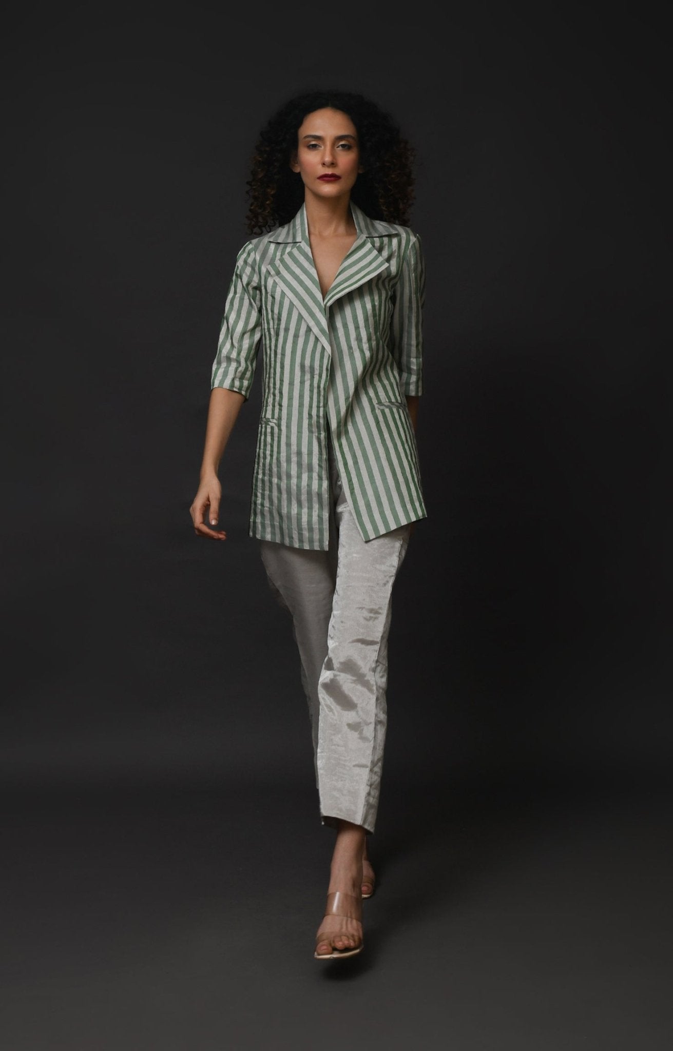 Striped Tissue Blazer - Silver and Green - CiceroniBlazersHiranya