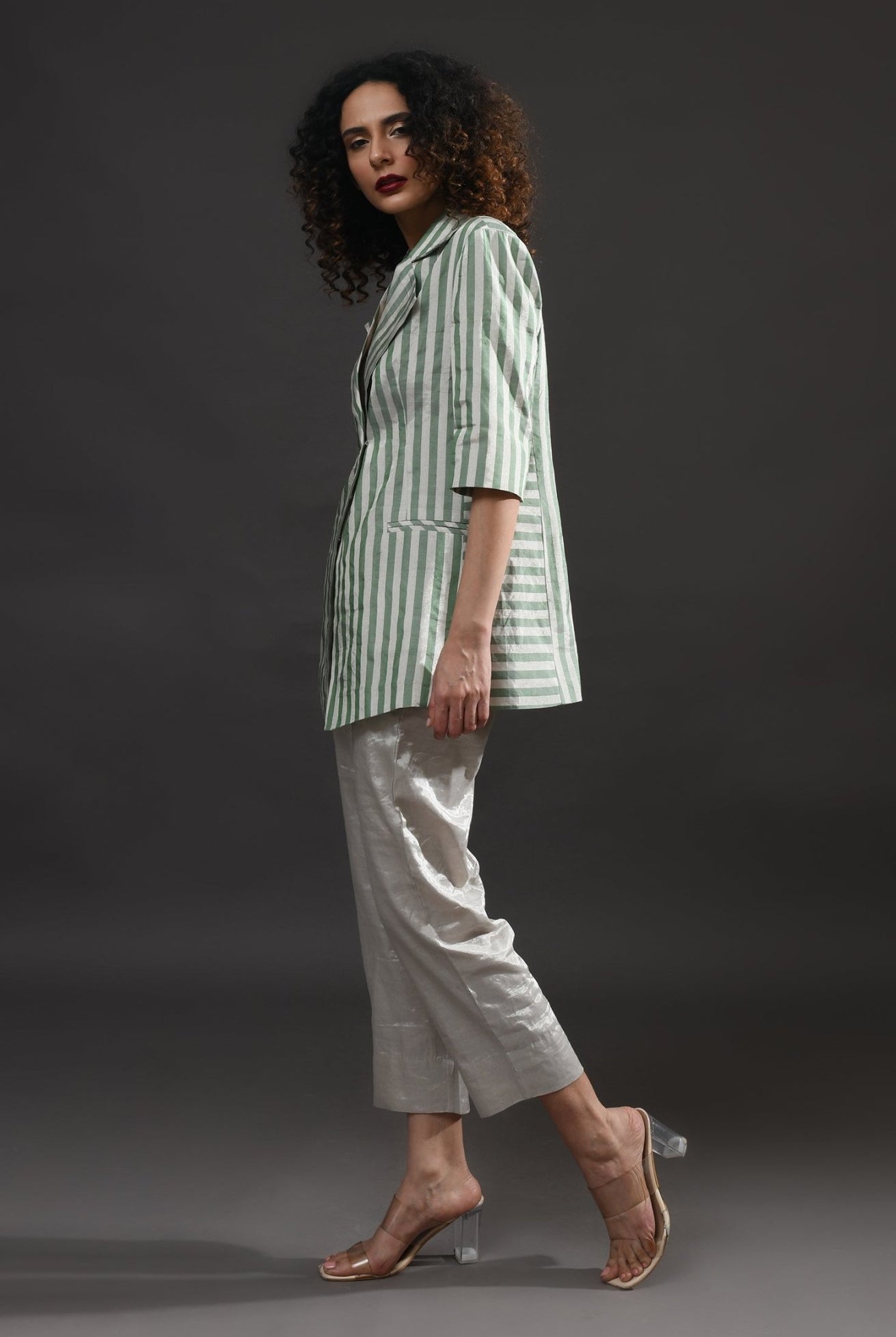 Striped Tissue Blazer - Silver and Green - CiceroniBlazersHiranya