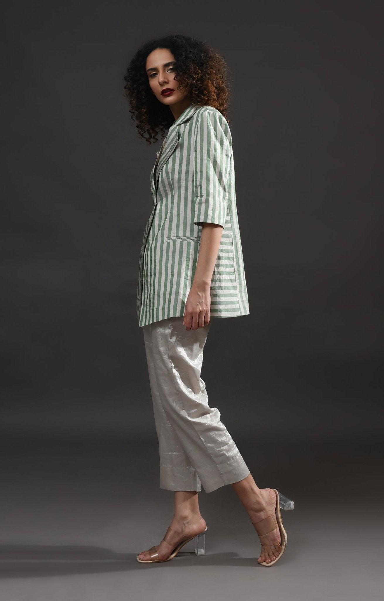 Striped Tissue Blazer - Silver and Green - CiceroniBlazersHiranya