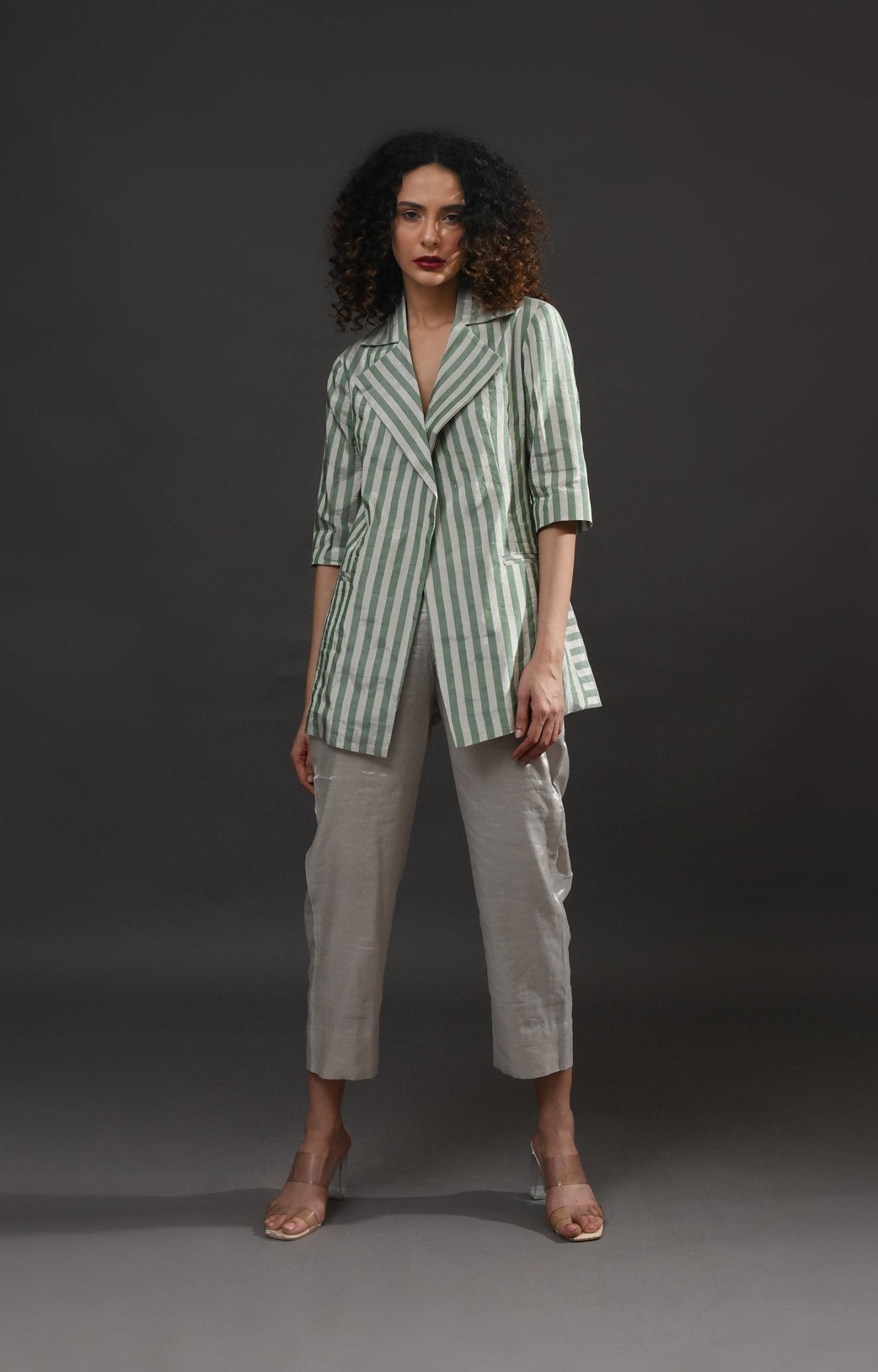 Striped Tissue Blazer - Silver and Green - CiceroniBlazersHiranya