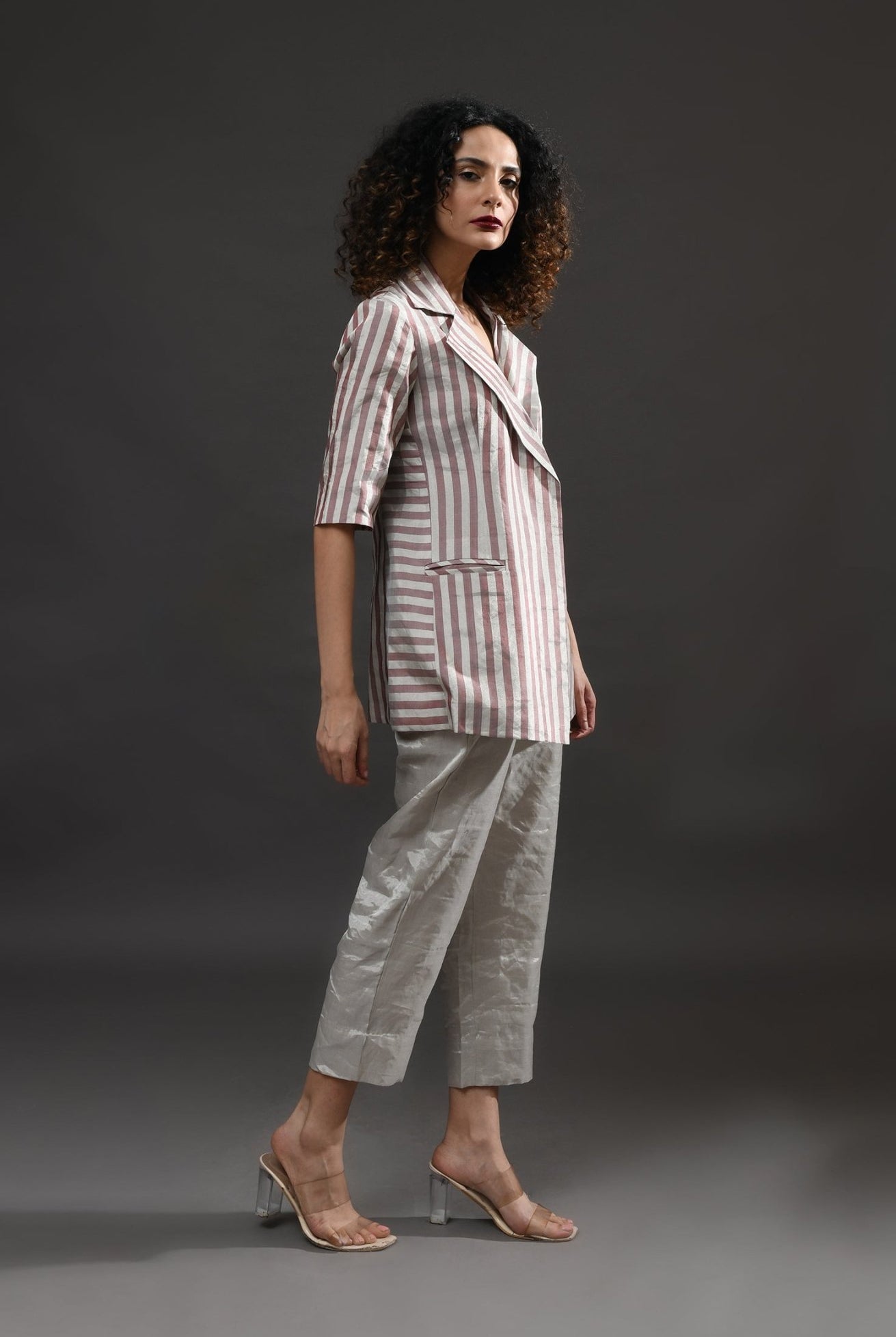 Striped Tissue Blazer - Silver and Pink - CiceroniBlazersHiranya
