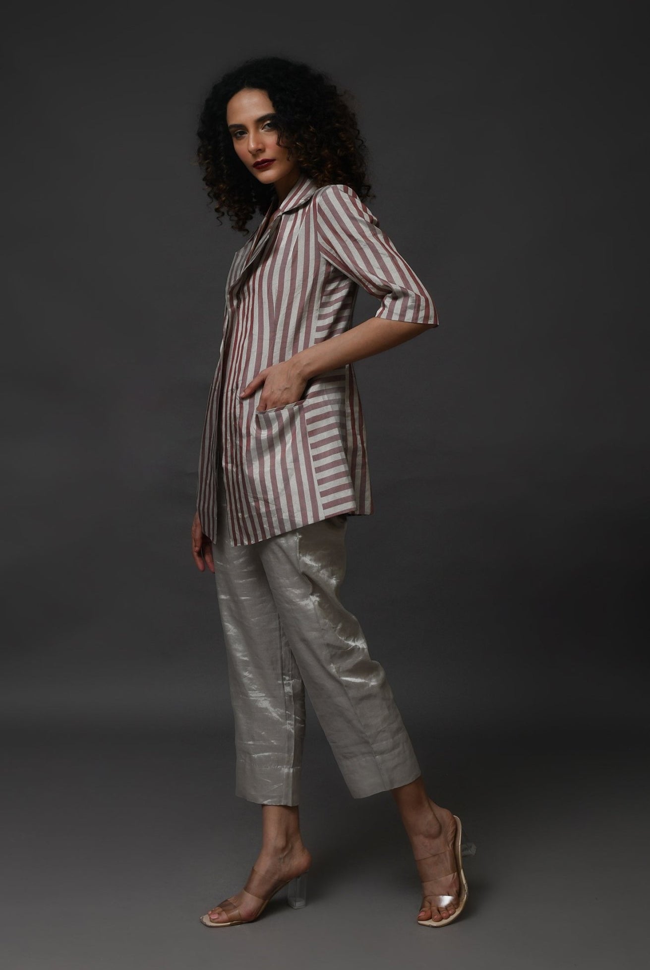 Striped Tissue Blazer - Silver and Pink - CiceroniBlazersHiranya