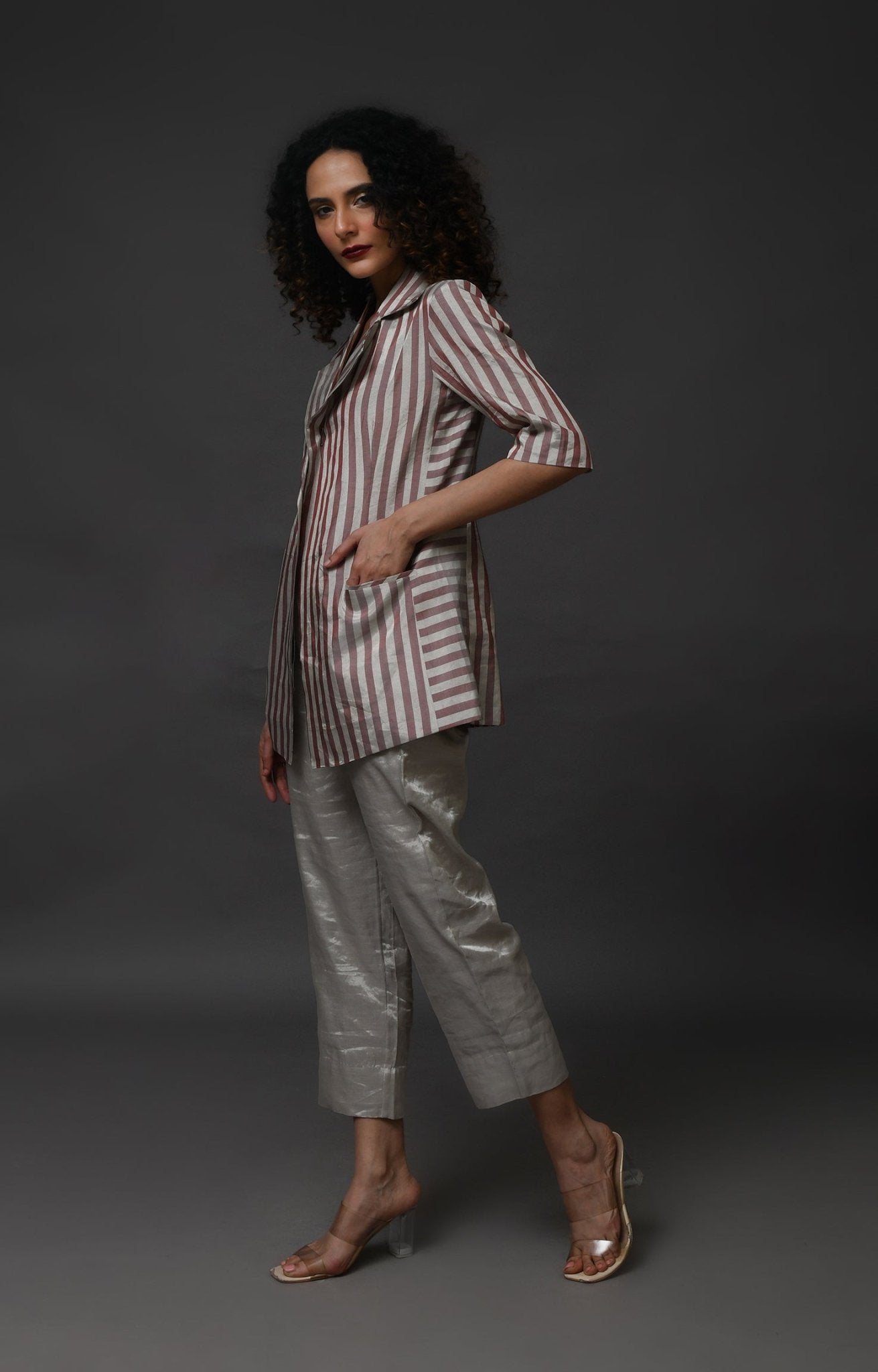 Striped Tissue Blazer - Silver and Pink - CiceroniBlazersHiranya