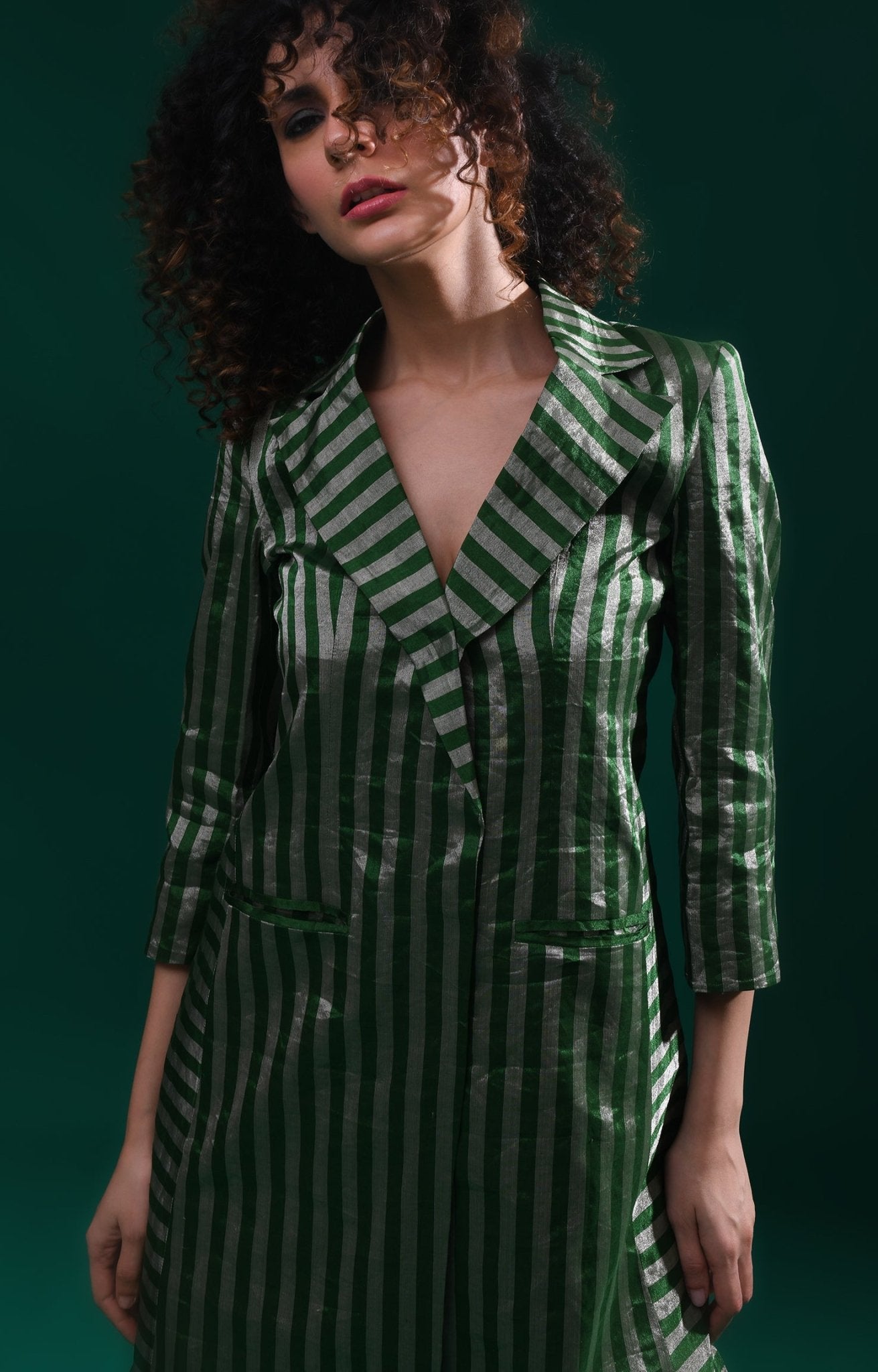 Striped Tissue Jacket Co - Ord (Set of 2) - Emerald and Silver - CiceroniCo - ord SetHiranya