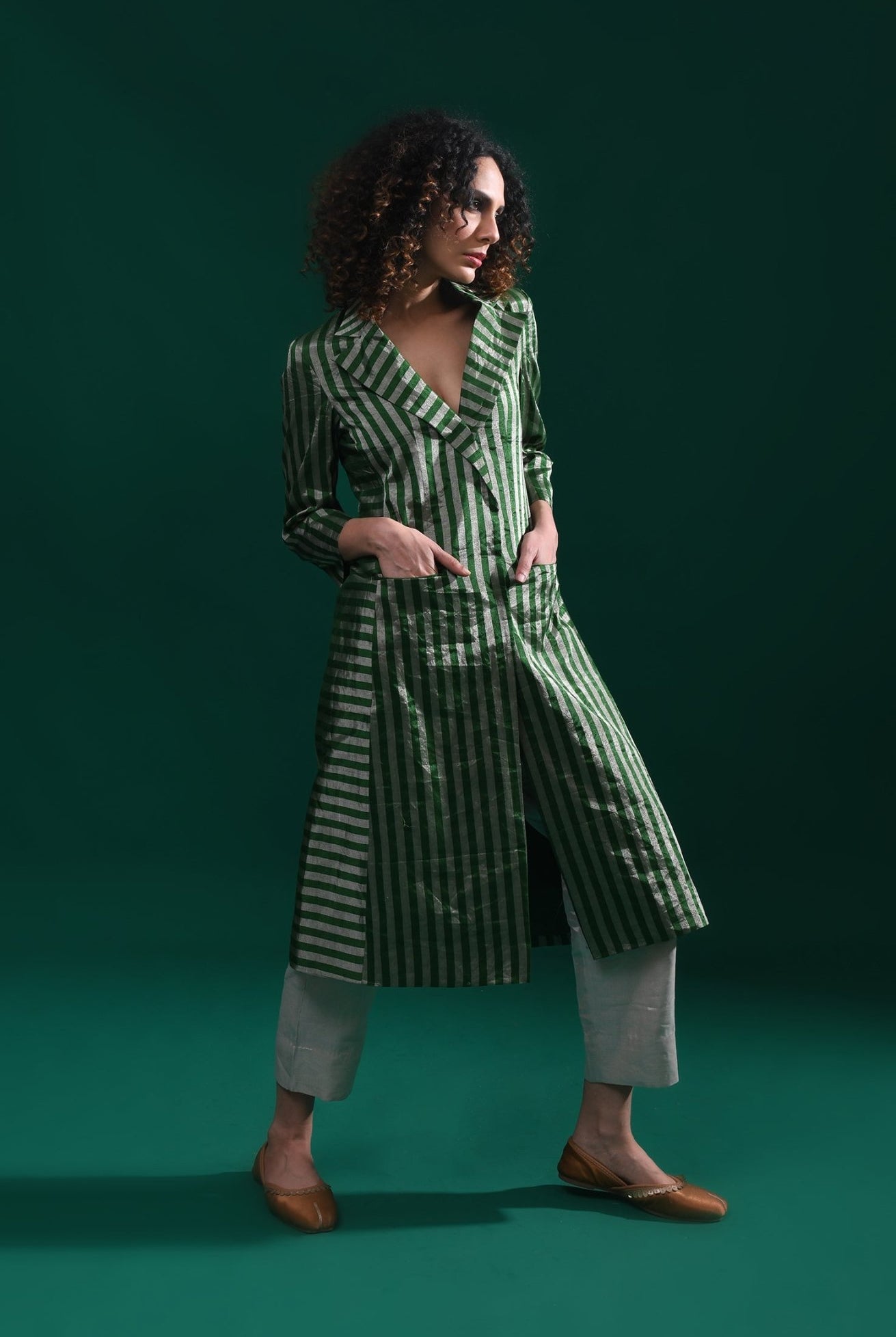 Striped Tissue Jacket Co - Ord (Set of 2) - Emerald and Silver - CiceroniCo - ord SetHiranya