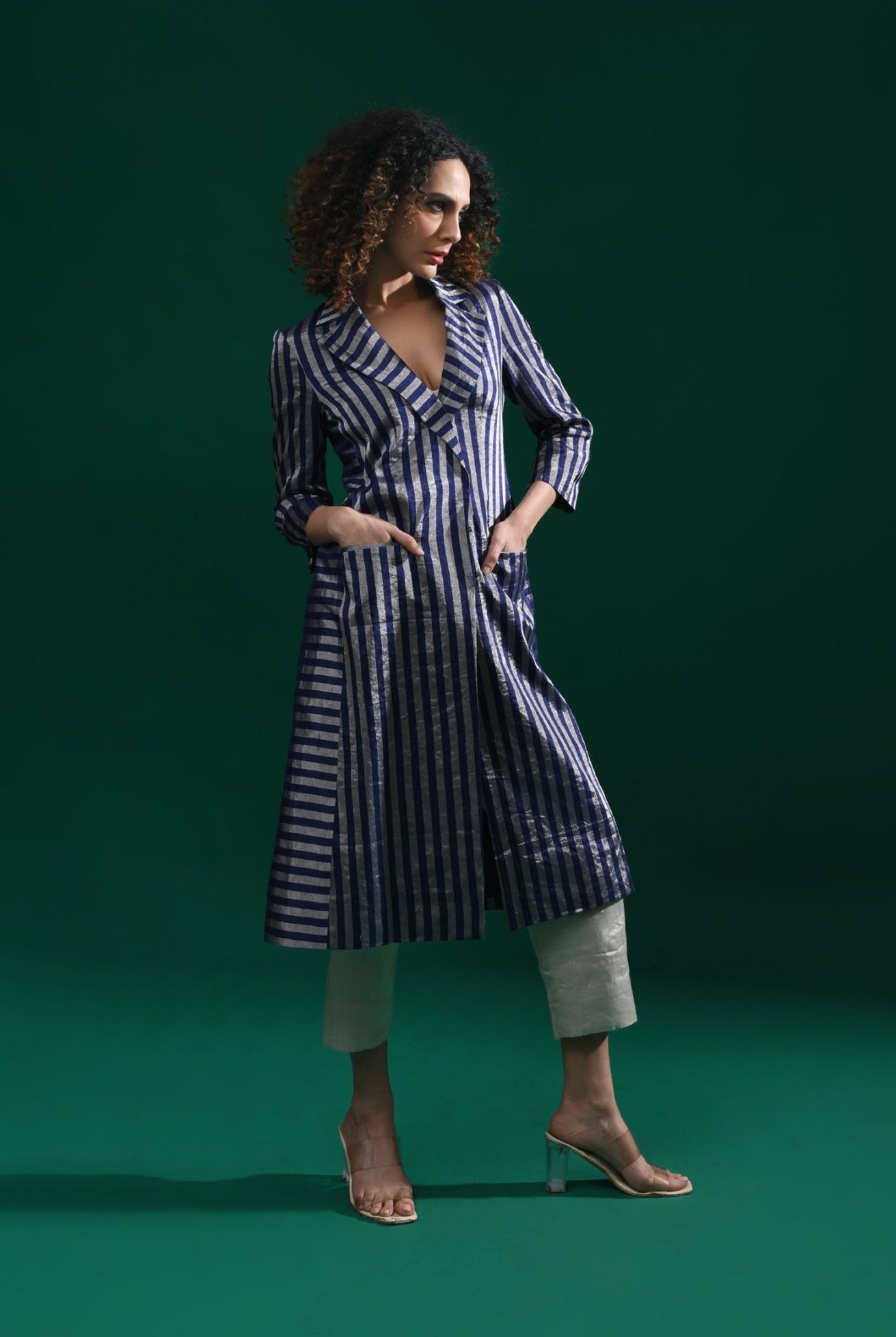 Striped Tissue Jacket Co - Ord (Set of 2) - Navy Blue - CiceroniCo - ord SetHiranya