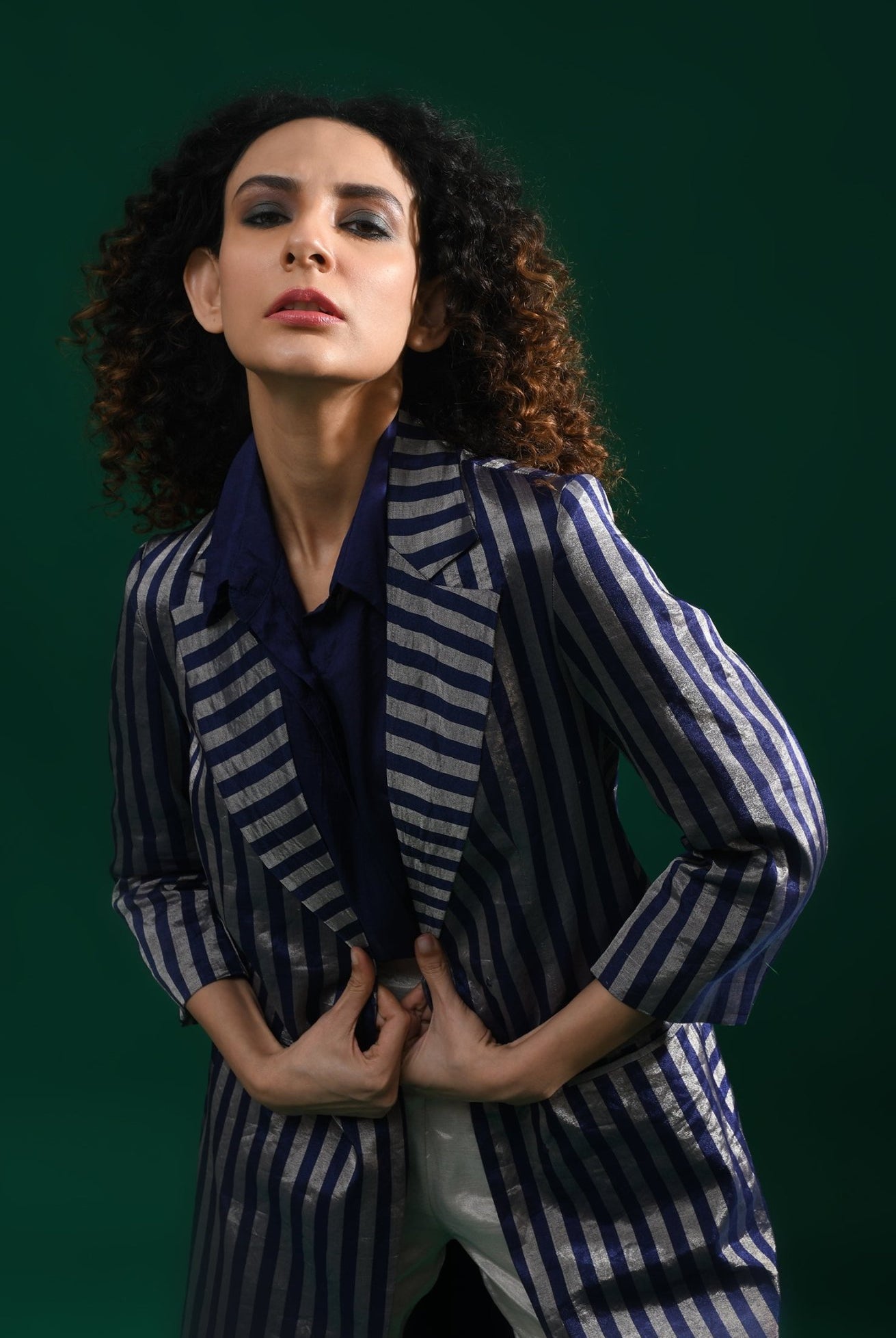 Striped Tissue Jacket Co - Ord (Set of 2) - Navy Blue - CiceroniCo - ord SetHiranya