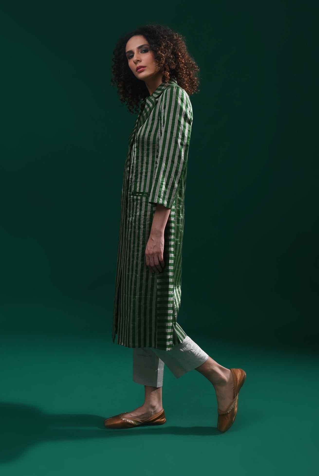Striped Tissue Jacket - Emerald and Silver - CiceroniBlazersHiranya