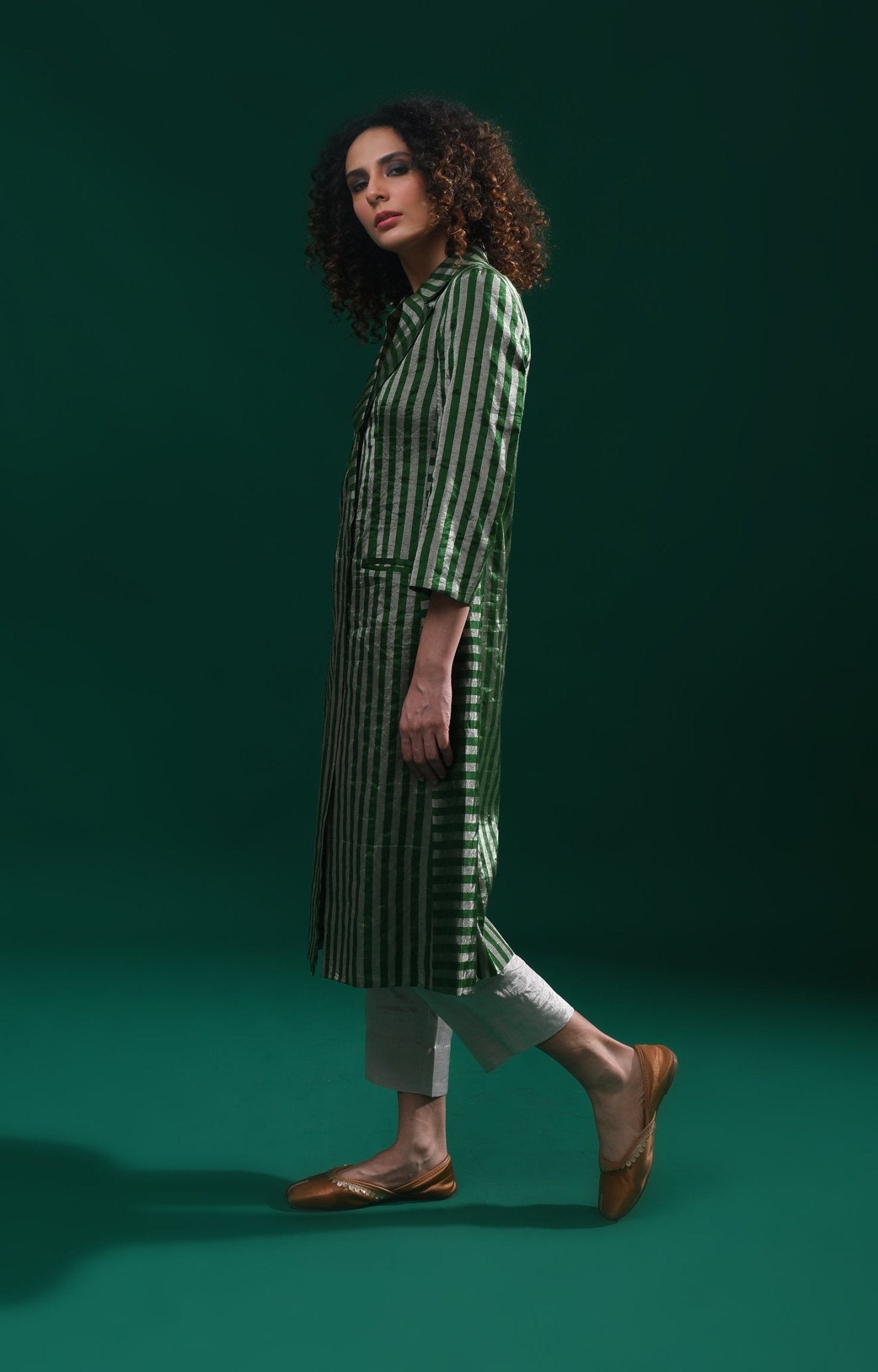 Striped Tissue Jacket - Emerald and Silver - CiceroniBlazersHiranya