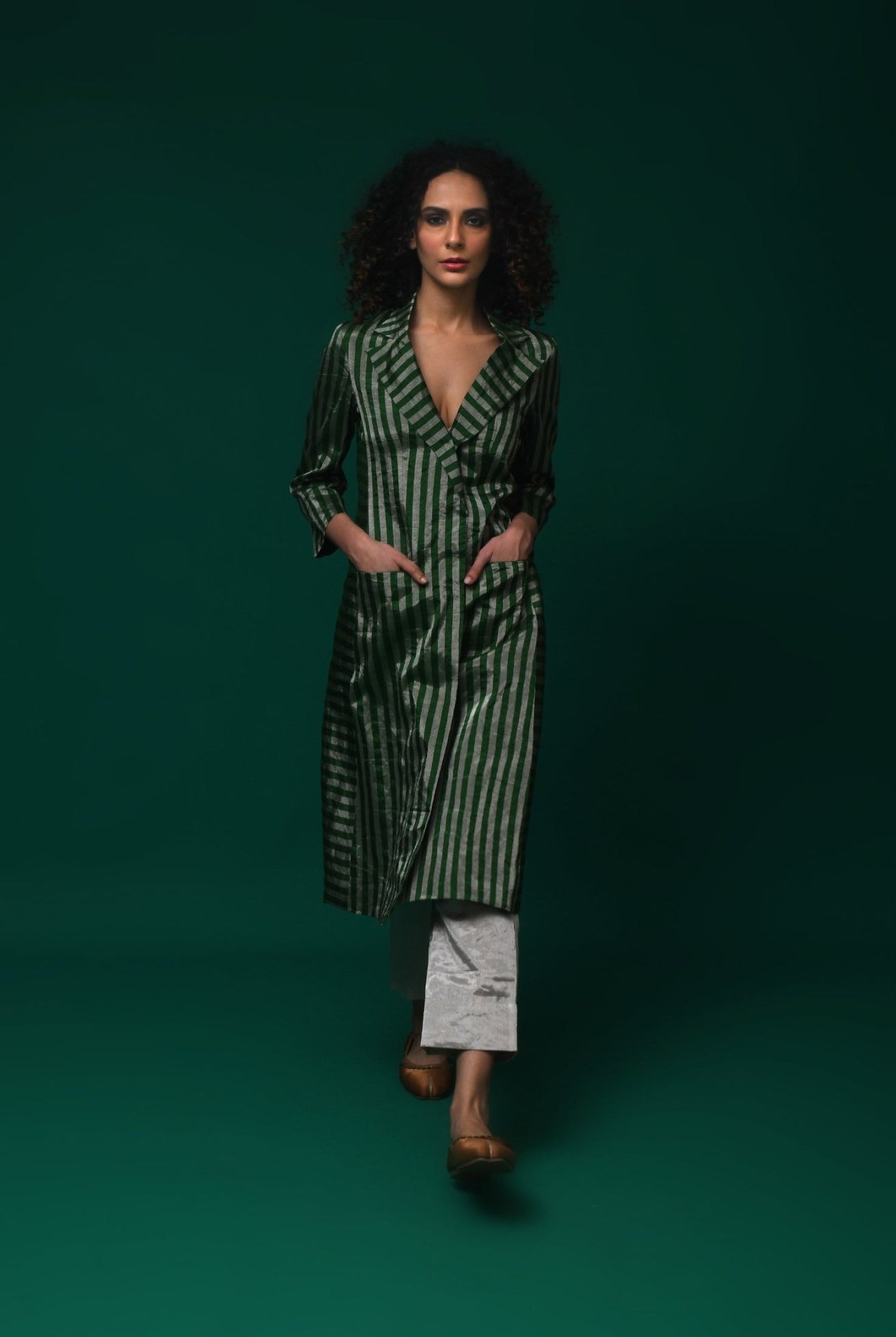 Striped Tissue Jacket - Emerald and Silver - CiceroniBlazersHiranya