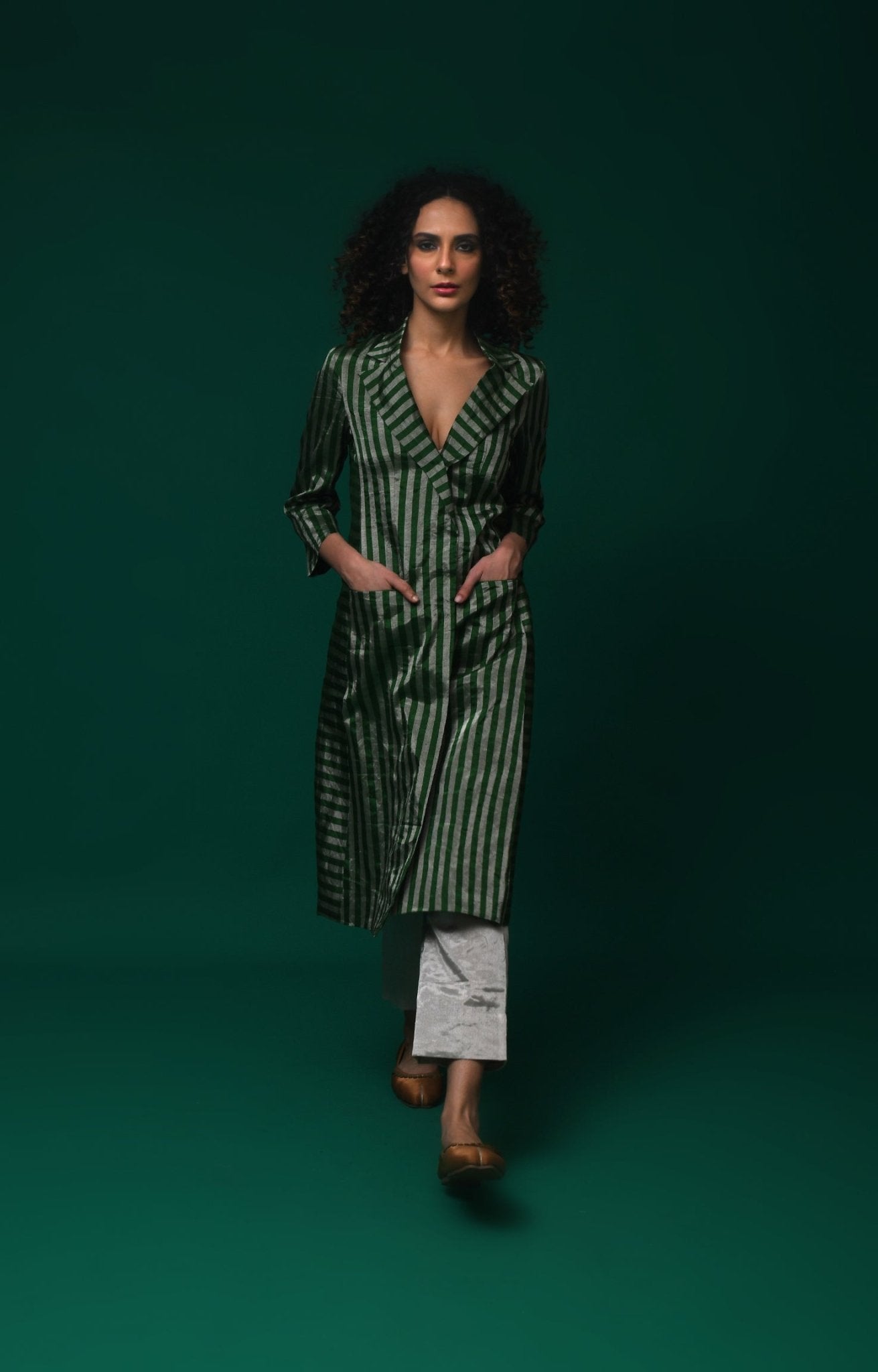Striped Tissue Jacket - Emerald and Silver - CiceroniBlazersHiranya