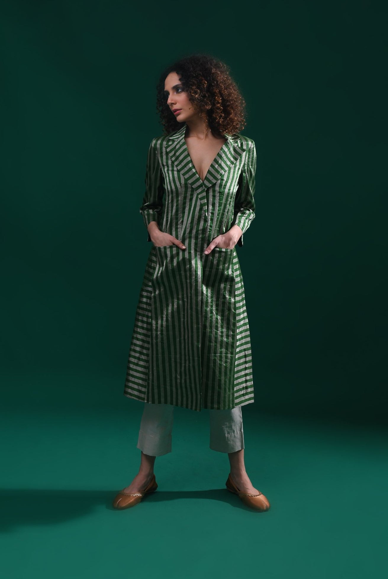 Striped Tissue Jacket - Emerald and Silver - CiceroniBlazersHiranya