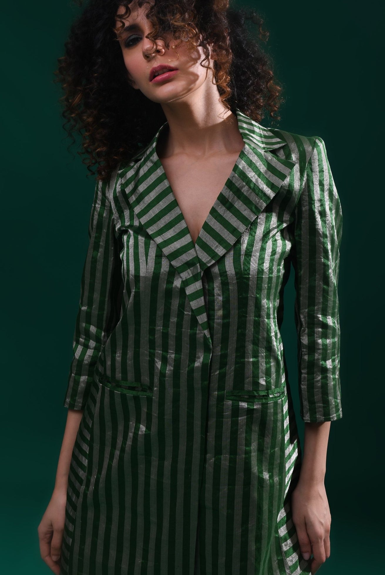 Striped Tissue Jacket - Emerald and Silver - CiceroniBlazersHiranya