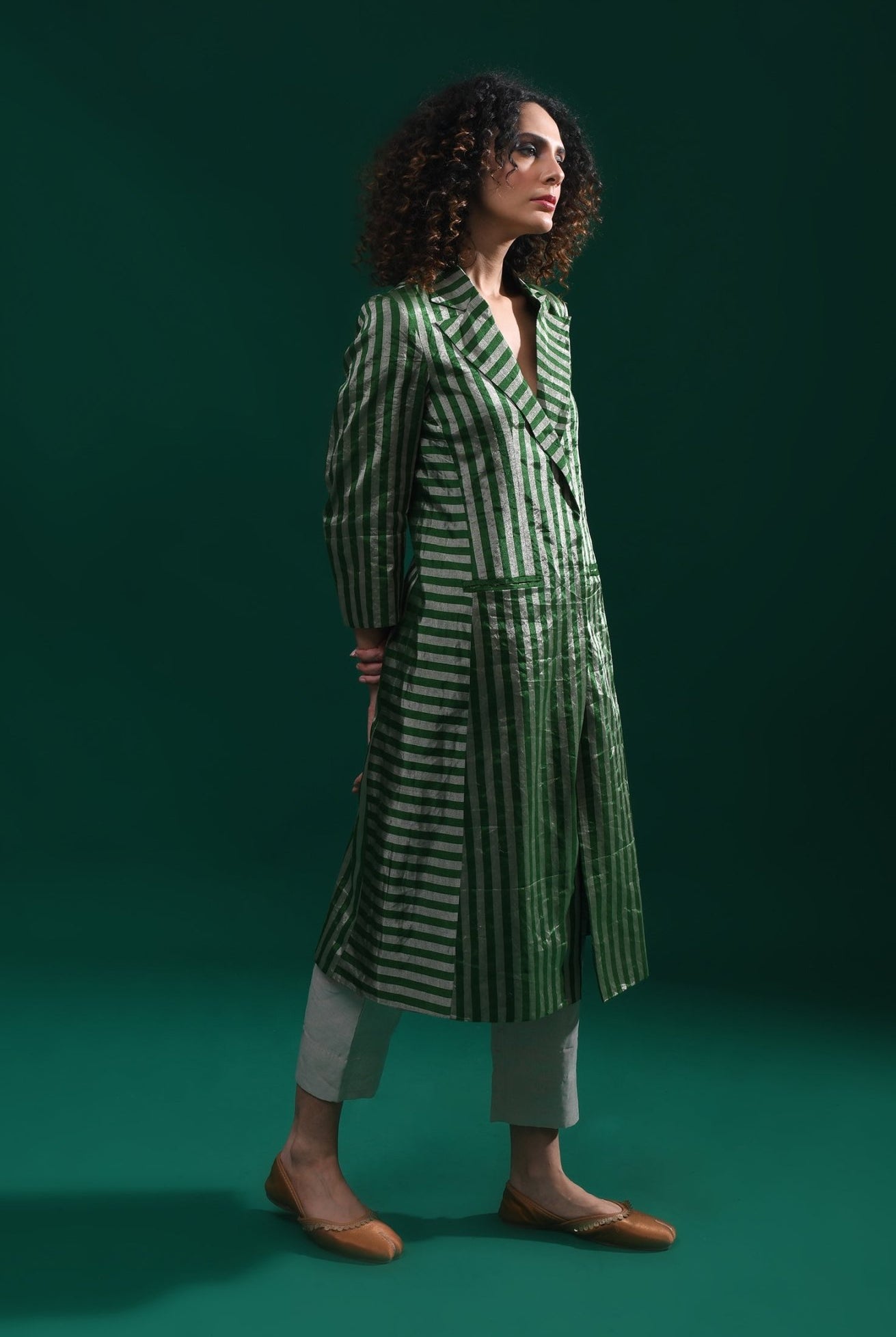 Striped Tissue Jacket - Emerald and Silver - CiceroniBlazersHiranya