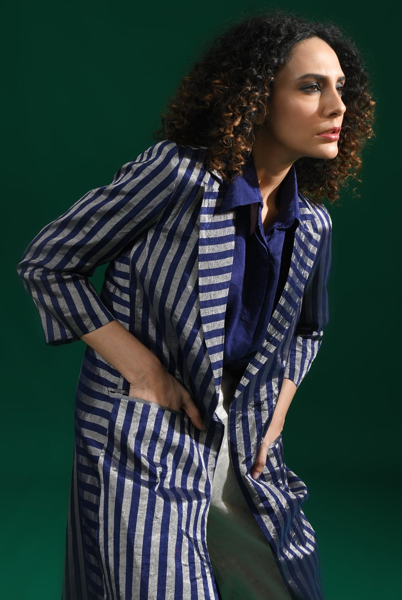 Striped Tissue Jacket - Navy Blue - CiceroniBlazersHiranya