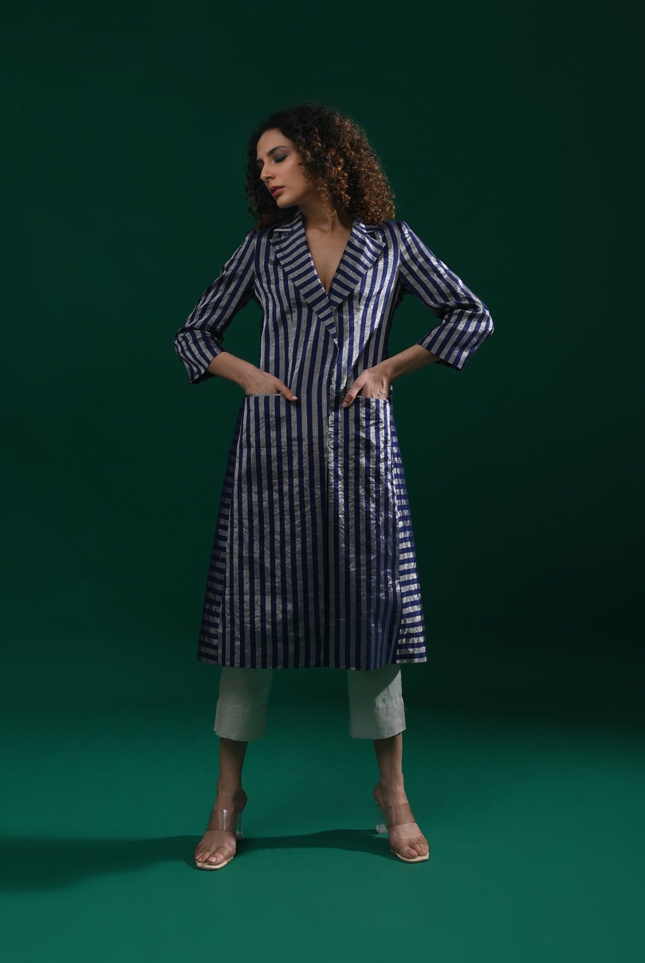 Striped Tissue Jacket - Navy Blue - CiceroniBlazersHiranya