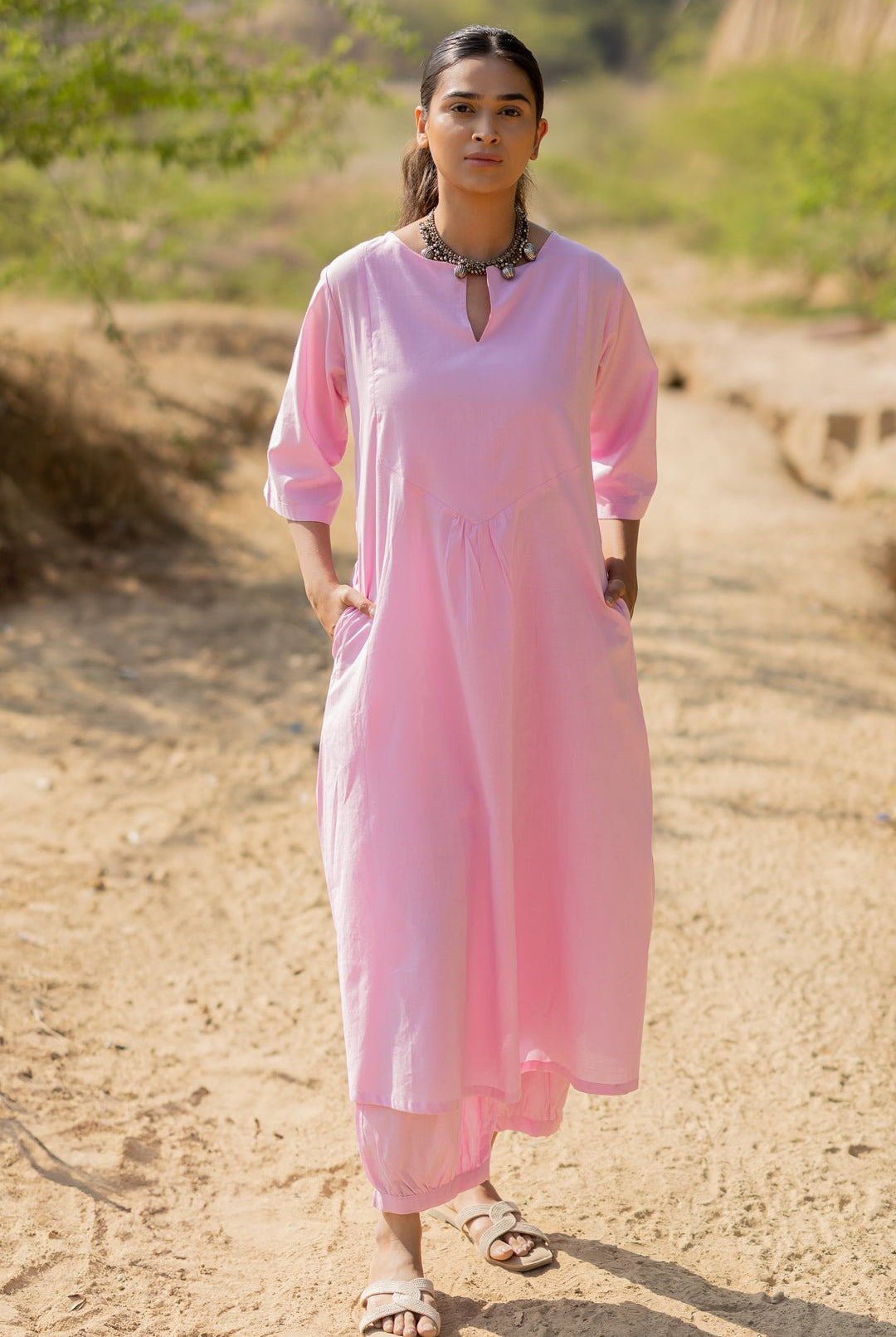 Taffy Pink Kurta Set with Block Printed Dupatta - CiceroniKurta Set, Everyday WearMaidaan