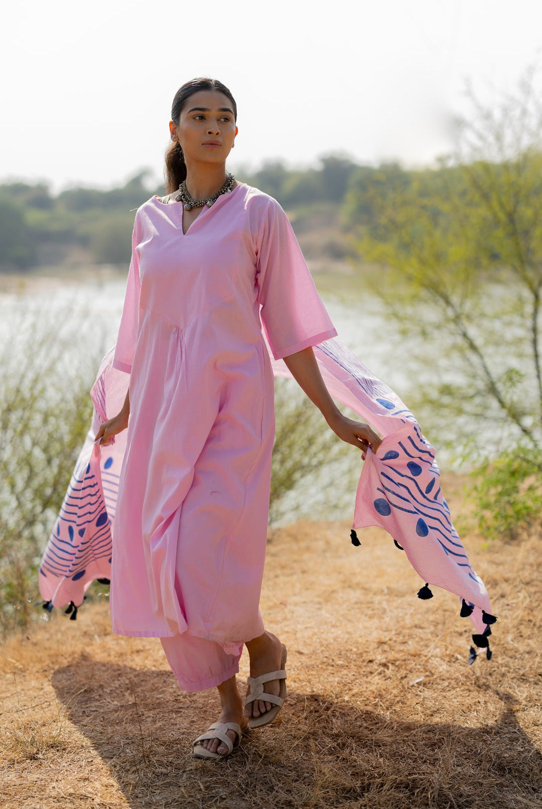 Taffy Pink Kurta Set with Block Printed Dupatta - CiceroniKurta Set, Everyday WearMaidaan